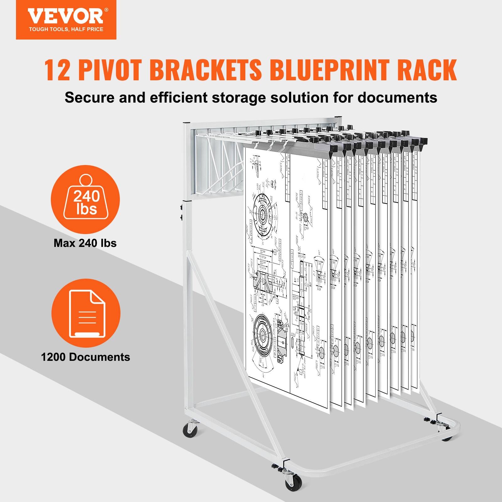 VEVOR TOUGH TOOLS, HALF PRICE

12 PIVOT BRACKETS BLUEPRINT RACK

Secure and efficient storage solution for documents

Max 240 lbs

1200 Documents