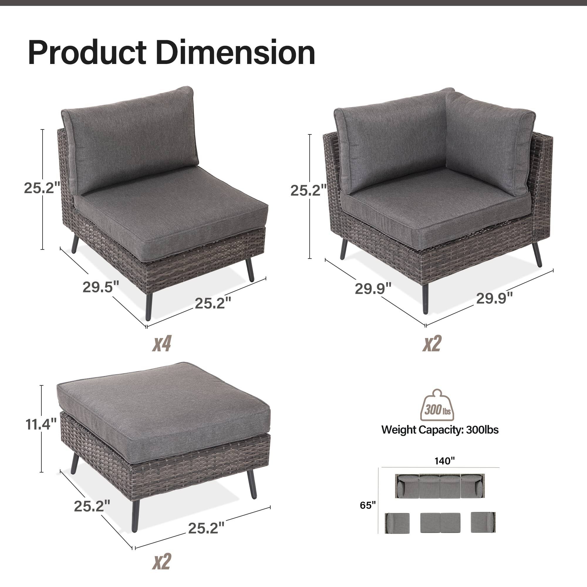 Product Dimension  
25.2" x 25.2" x 29.5" x 4  
25.2" x 29.9" x 29.9" x 2  
11.4" x 25.2" x 25.2" x 2  
Weight Capacity: 300 lbs  
140" x 65"