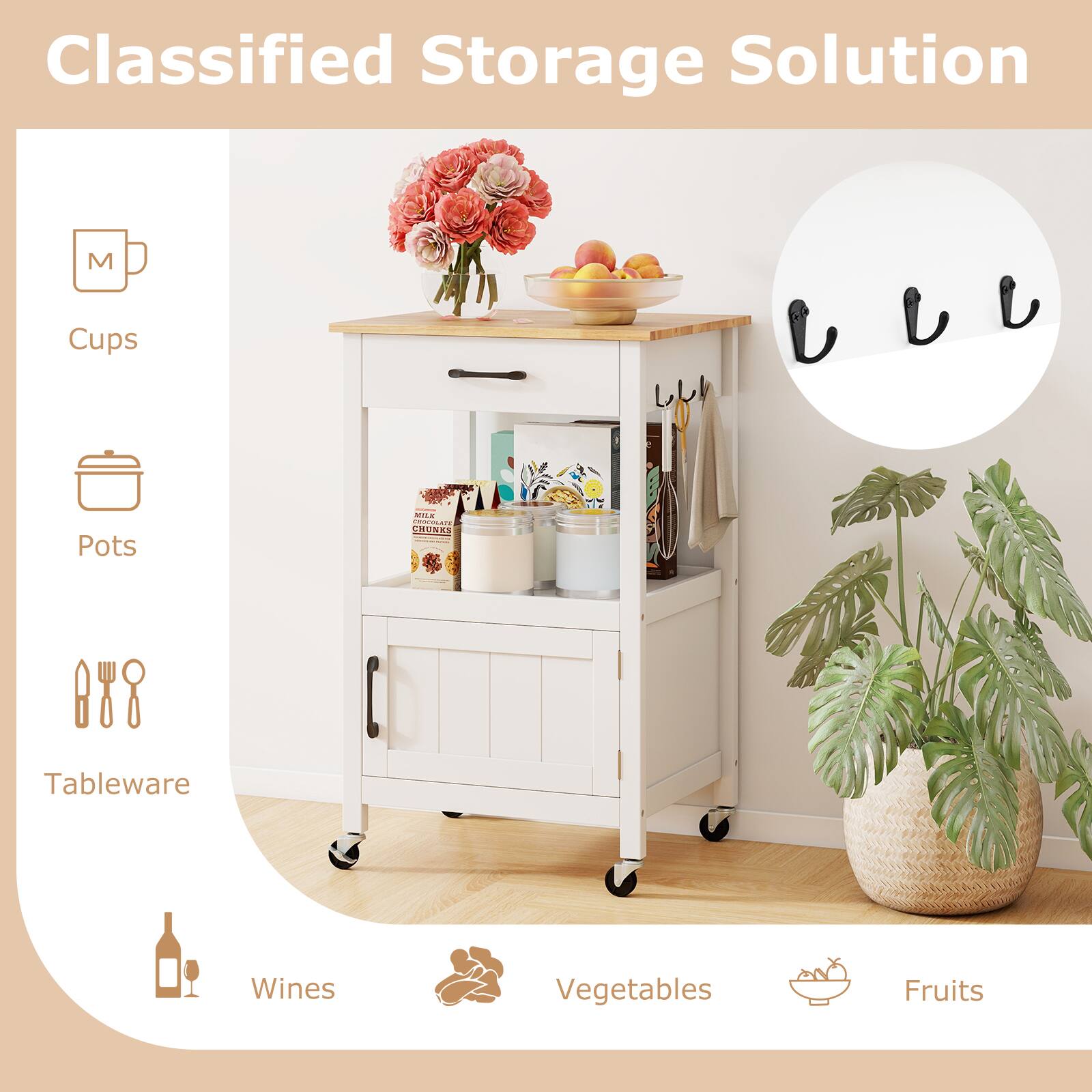 Classified Storage Solution

- Cups
- Pots
- Tableware
- Wines
- Vegetables
- Fruits