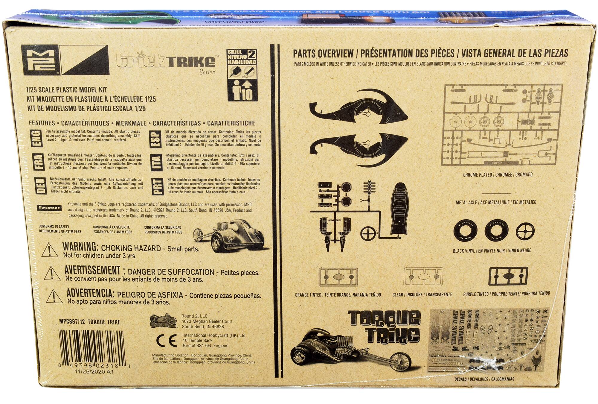 1/25 SCALE PLASTIC MODEL KIT  
KIT MAQUETTE EN PLASTIQUE À L'ÉCHELLE 1/25  
KIT DE MODELISMO DE PLÁSTICO ESCALA 1/25  

FEATURES - CARACTÉRISTIQUES - MERKMALE - CARACTERÍSTICAS - CARATTERISTICHE  
Fun to assemble model kit. Contents include: All plastic pieces necessary and pictorial instructions describing assembly. Skill Level 2 - Ages 10 and over. Paint and cement required.  
KIT de modèle divertissant. Contient la boîte - Toutes les pièces en plastique pour l'assemblage de la maquette ainsi que les instructions imprimées. Niveau de difficulté 2 - 10 ans et plus. Peinture et colle requises.  
Modelline divertente. Contiene: Tutto il pezzi plastici per completare il modello e le istruzioni stampate. Livello di difficoltà 2 - 10 anni. Necessario vernice e colla.  
Kit de modelo divertente. Contiene: Todas las piezas plásticas necesarias para completar