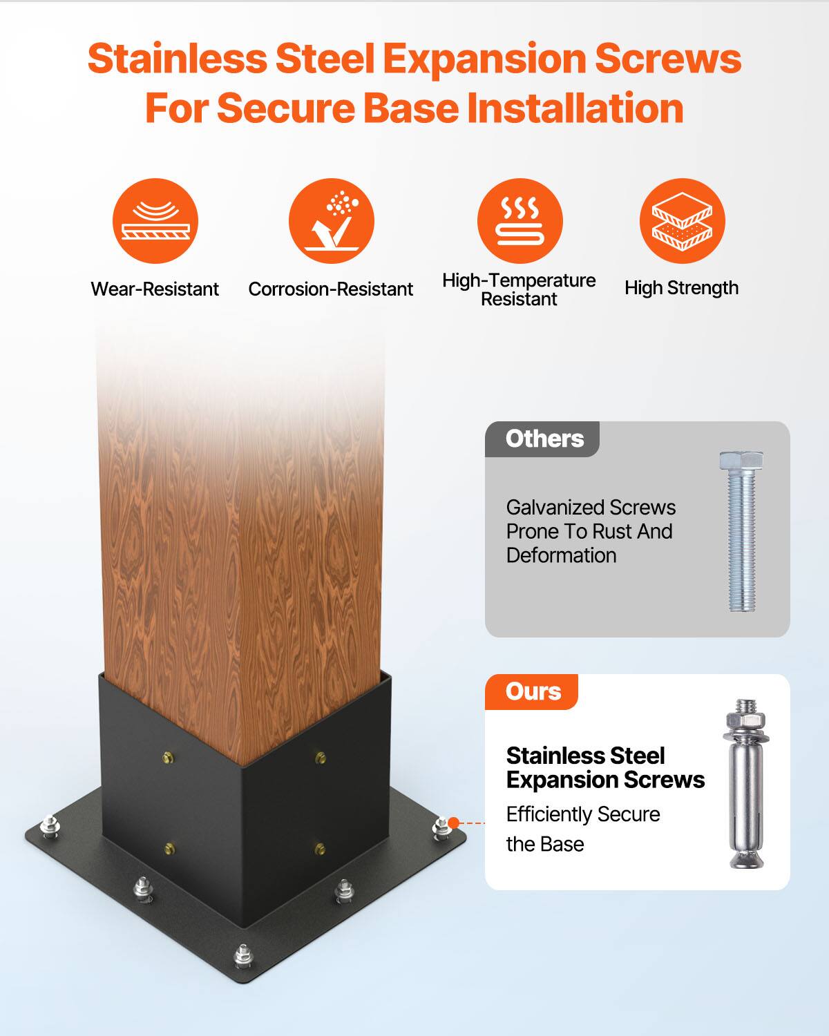 Stainless Steel Expansion Screws For Secure Base Installation

- Wear-Resistant
- Corrosion-Resistant
- High-Temperature Resistant
- High Strength

Others:
- Galvanized Screws Prone To Rust And Deformation

Ours:
- Stainless Steel Expansion Screws Efficiently Secure the Base
