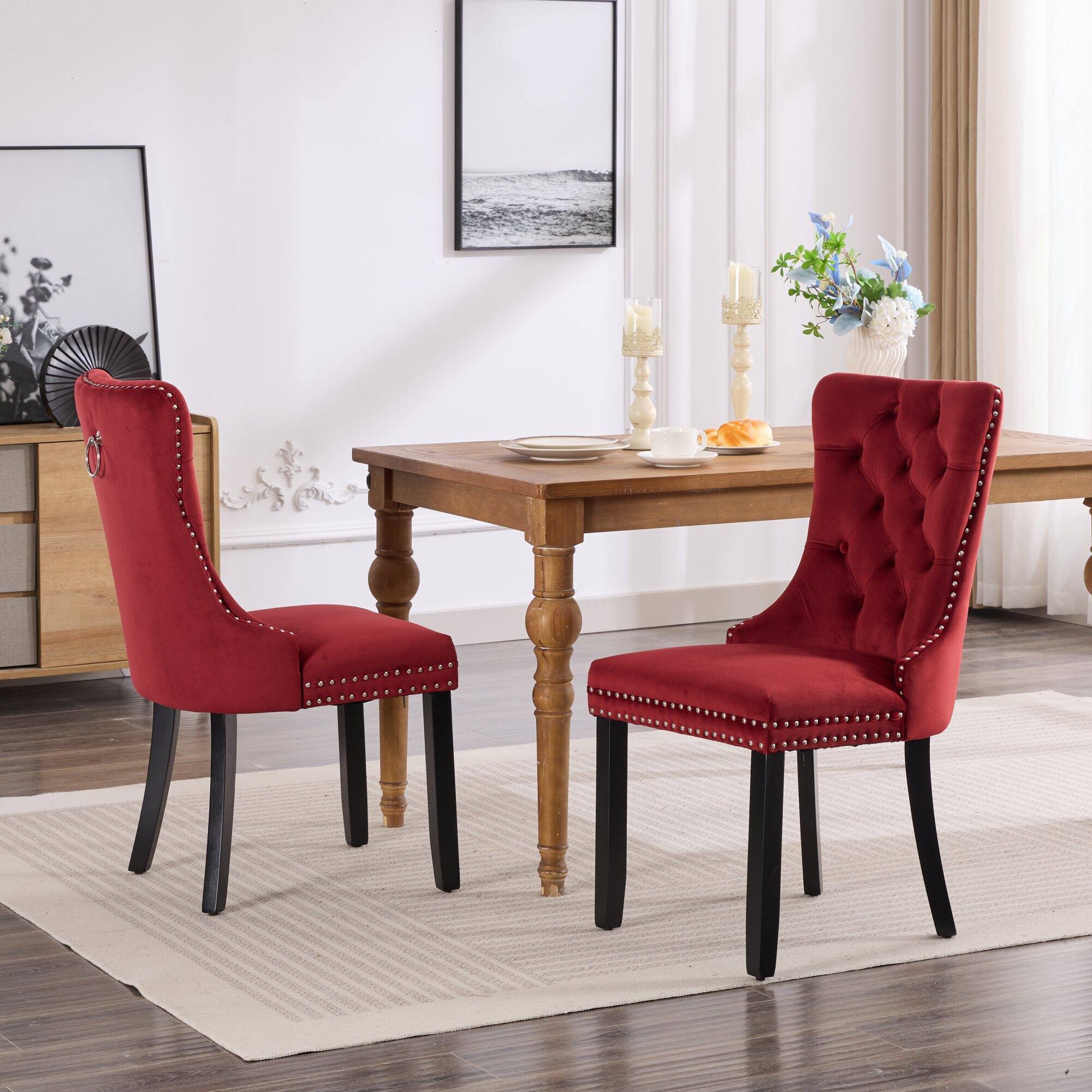 Left. Z-Edge - Velvet Dining Chairs Set of 2, Upholstered High-end Tufted Dining Room Chair with Nailhead Back Ring Pull Trim Wood Legs - Wine Red.