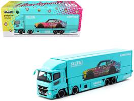 Tarmac Works - Mitsubishi Fuso Truck with Transporter Liberty Walk - Suzuki Transport with Graphics Truck64 Series 1/64 - Light Blue