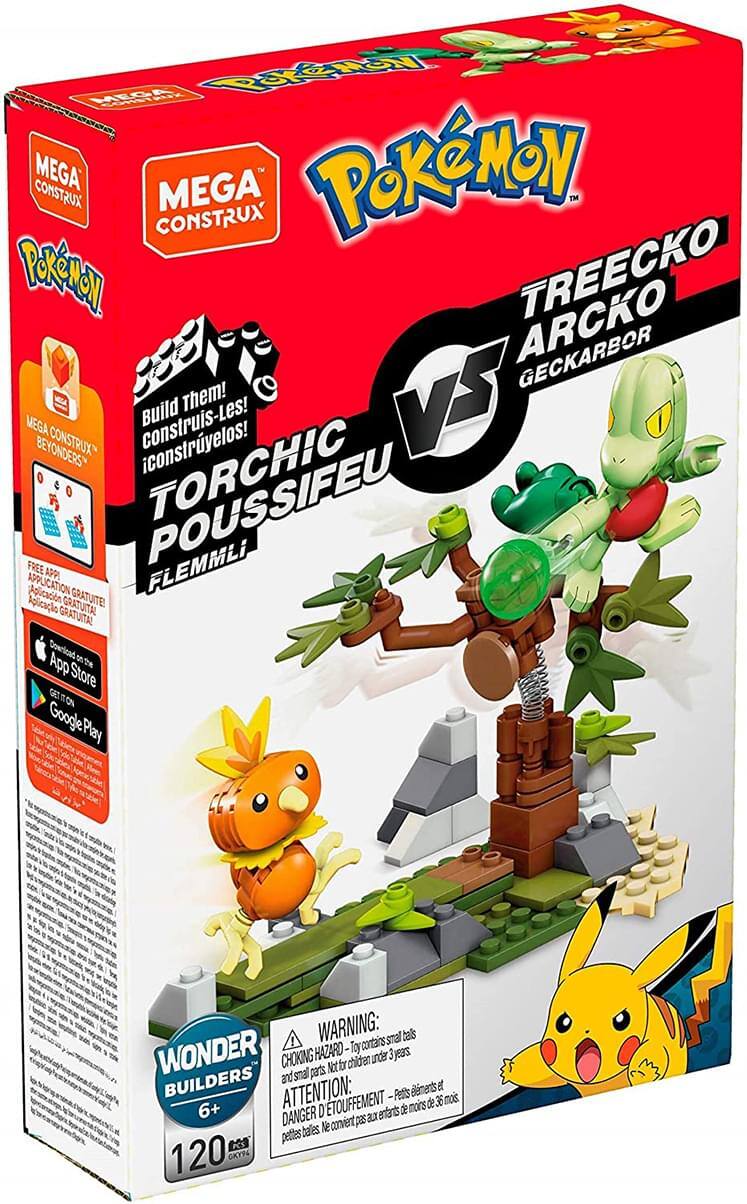 **Front:**
- Pokémon
- Mega Construx
- Treecko vs Torchic
- Treecko Arcko Geckarbor
- Torchic Pousifeu Flemmi
- Build Them! Construis-Les! Constrúyelos!
- Free App! Application Gratuite! Aplicación Gratuita!
- Download on App Store Get it on Google Play
- Wonder Builders 6+
- 120 pcs

**Side:**
- Mega Construx
- Mega Construx Beyonders
- Free App! Application Gratuite! Aplicación Gratuita!
- Download on App Store Get it on Google Play

**Back:**
- Warning: Choking Hazard - Toy contains small parts. Not for children under 3 years. Attention: Danger d'étouffement - Contient de petits éléments. Ne convient pas aux enfants de moins de 36 mois.
- 120 pcs
- 09 120 GKY9A