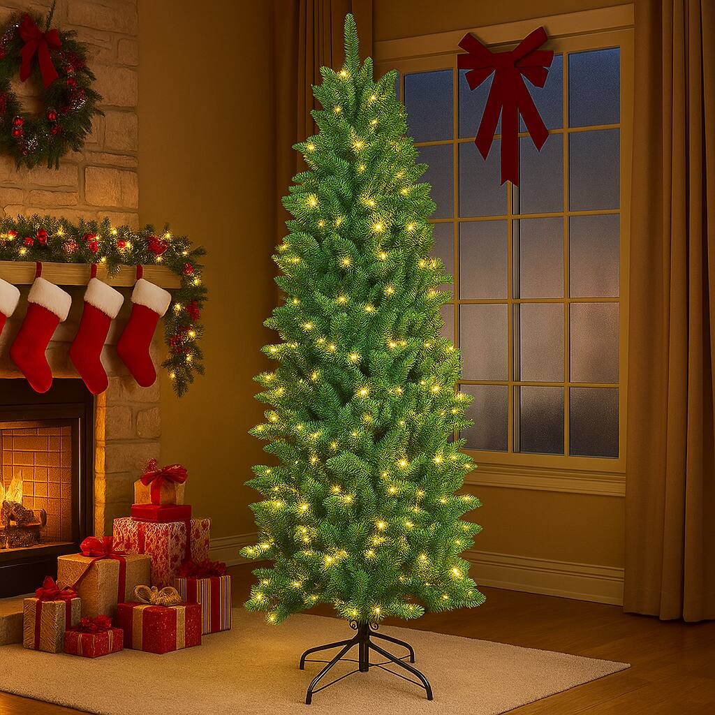 Angle. BreeBe - Artificial Slim Fir Tree – 5ft 6ft 7ft Prelit with 150 Lights and Hinged Design - Green.