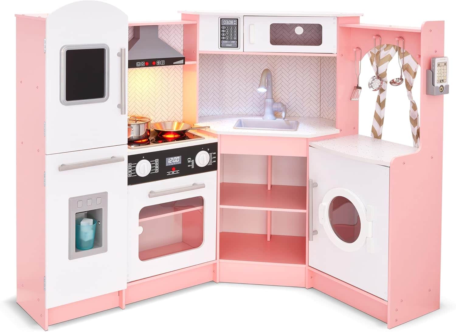Lil' Jumbl - Corner Kids Kitchen Playset, Pretend Kids Wooden Kitchen with Stovetop, Faucet & More - Pink