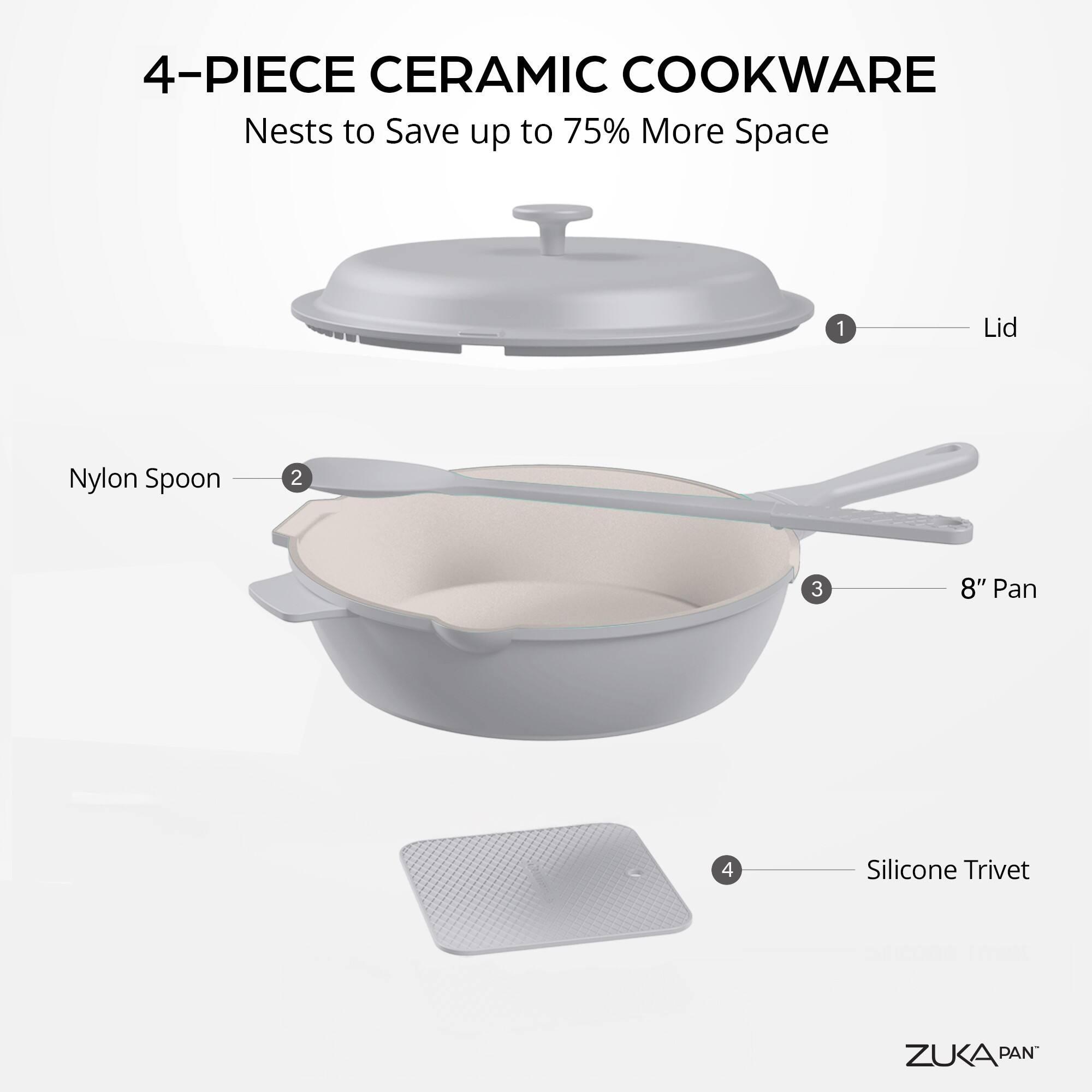 4-PIECE CERAMIC COOKWARE  
Nests to Save up to 75% More Space  

1. Lid  
2. Nylon Spoon  
3. 8" Pan  
4. Silicone Trivet  

ZUKA PAN