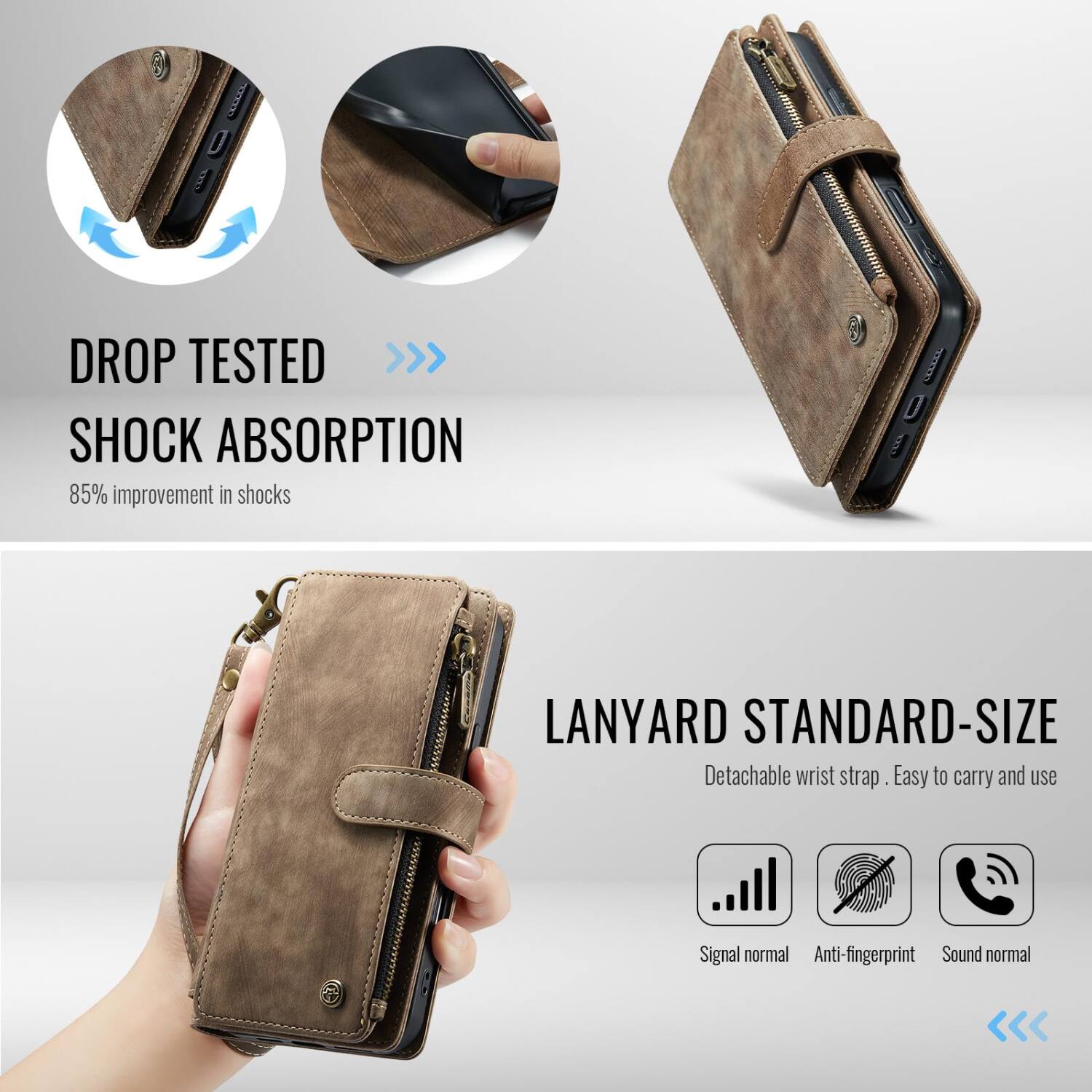 DROP TESTED >>> SHOCK ABSORPTION  
85% improvement in shocks  

LANYARD STANDARD-SIZE  
Detachable wrist strap. Easy to carry and use  

Signal normal  
Anti-fingerprint  
Sound normal
