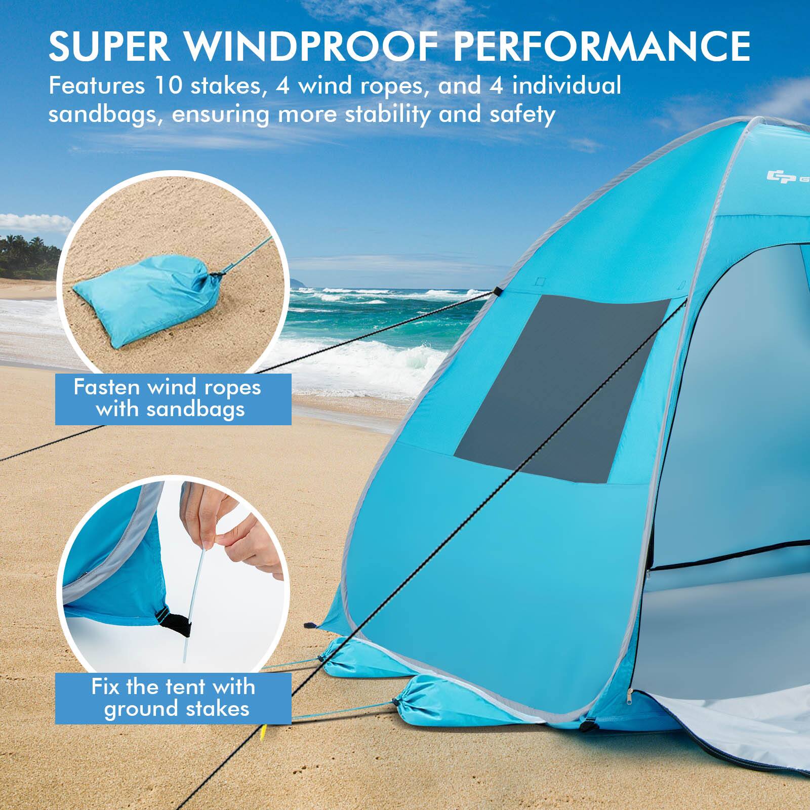 Super Windproof Performance Features: 10 stakes, 4 wind ropes, and 4 individual sandbags, ensuring more stability and safety. Fix the tent with ground stakes and fasten wind ropes with sandbags.