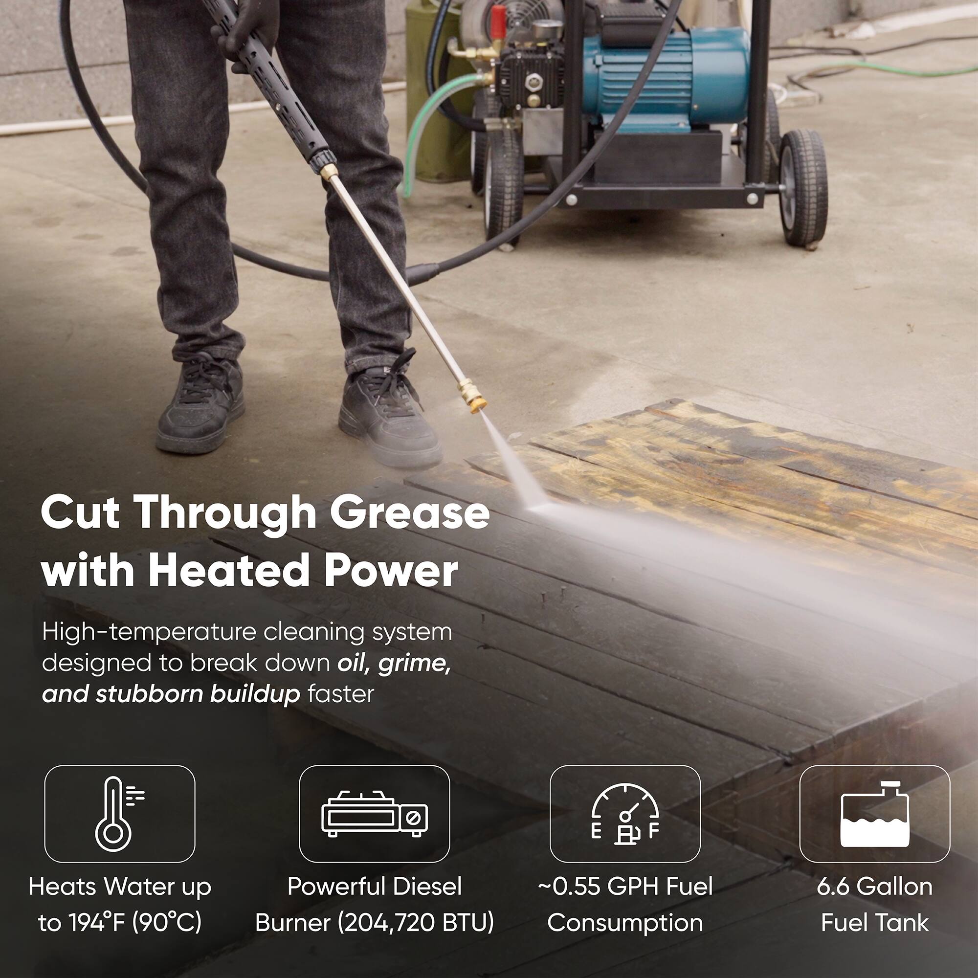 Cut Through Grease with Heated Power

High-temperature cleaning system designed to break down oil, grime, and stubborn buildup faster

- Heats Water up to 194°F (90°C)
- Powerful Diesel Burner (204,720 BTU)
- ~0.55 GPH Fuel Consumption
- 6.6 Gallon Fuel Tank