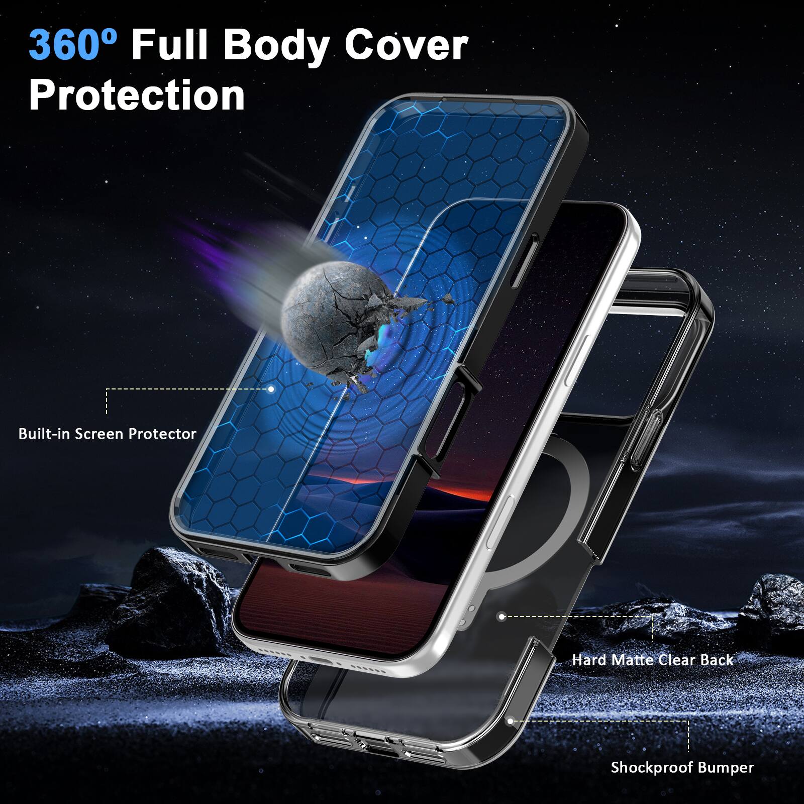 360° Full Body Cover Protection

- Built-in Screen Protector
- Hard Matte Clear Back
- Shockproof Bumper