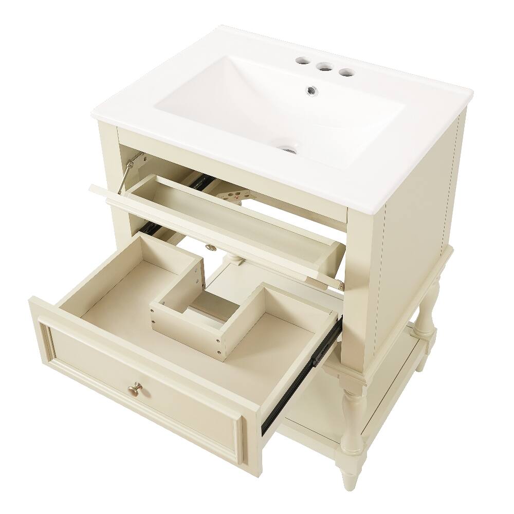 Alt View 10. Loheer - Loheer 24 inch bathroom vanity with ceramic sink, Beige Retro Cabinet with Open Shelf - Beige.