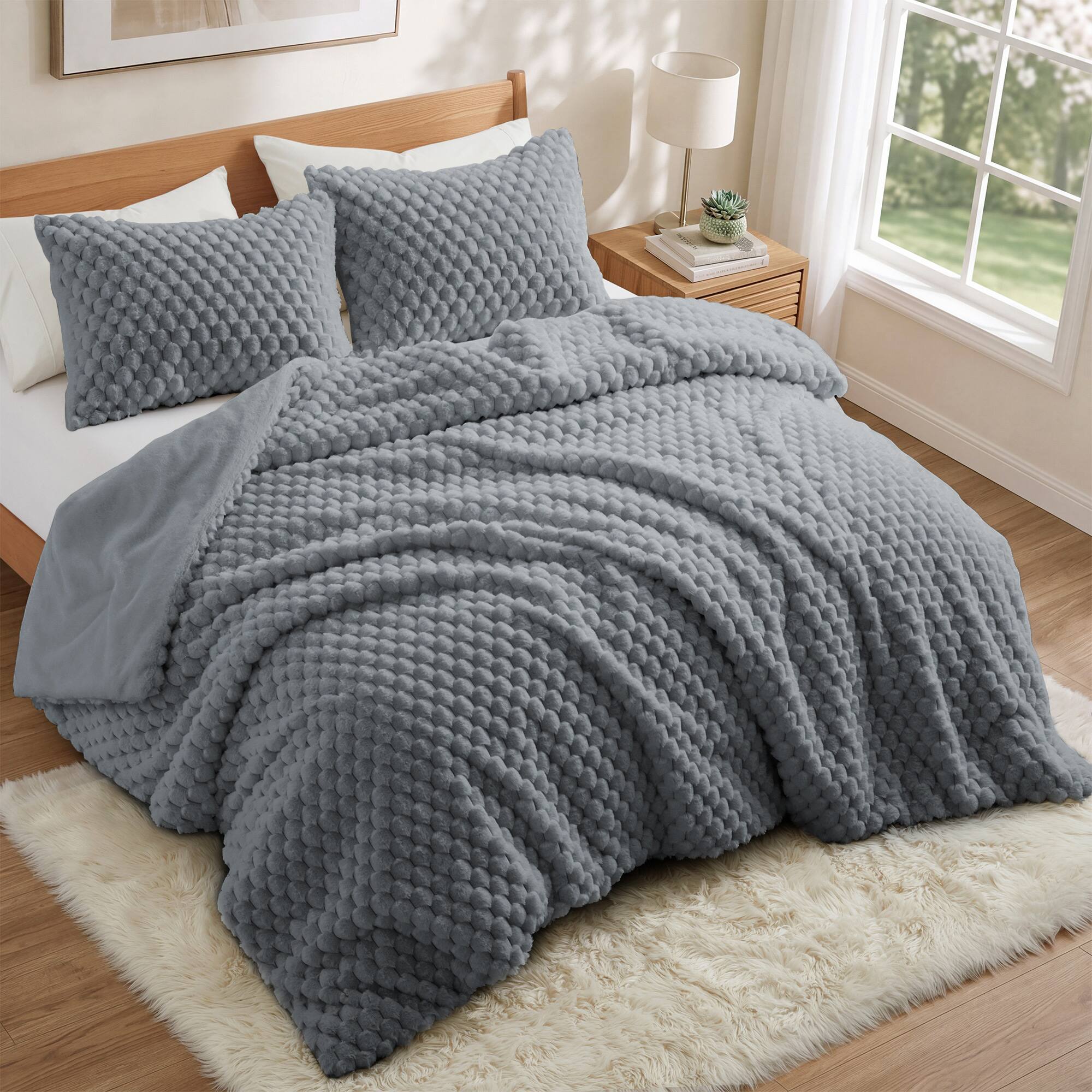 Angle. Peace Nest - Peace Nest Faux Rabbit Fur Comforter Set, Ultra Soft Down Alternative Bedding Set, Dark Gray, King - Dark Gray.
