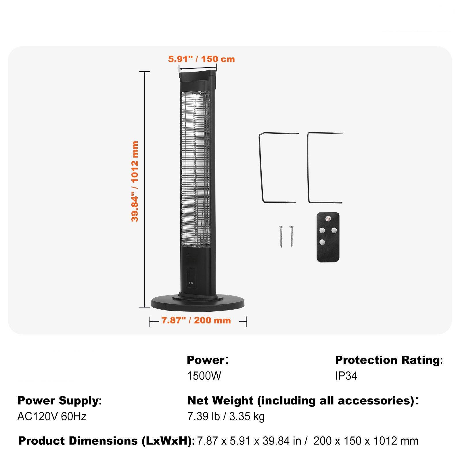 5.91" / 150 cm  
39.84" / 1012 mm  
7.87" / 200 mm  

Power: 1500W  
Protection Rating: IP34  
Power Supply: AC120V 60Hz  
Net Weight (including all accessories): 7.39 lb / 3.35 kg  
Product Dimensions (LxWxH): 7.87 x 5.91 x 39.84 in / 200 x 150 x 1012 mm