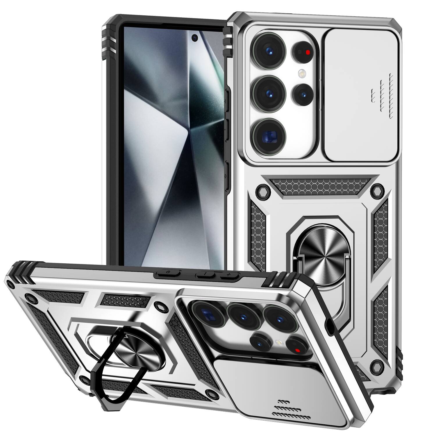 Front. UUCOVER - Magnetic Kickstand Case for Samsung Galaxy S22 Ultra with Sliding Camera Lens Cover, Rotatable Ring, Shockproof Cover - Silver.