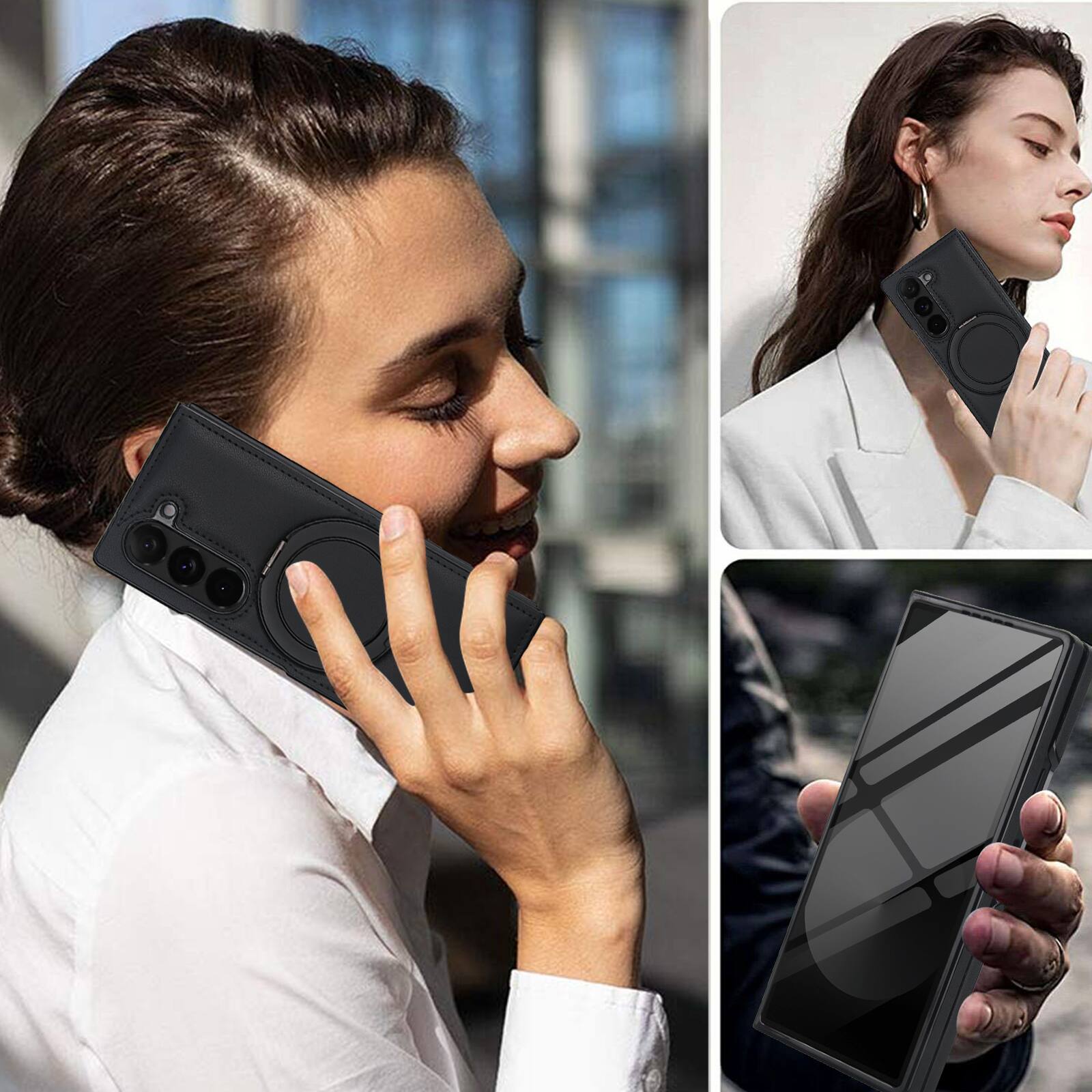 Alt View 4. Dteck - Magnetic Case for Samsung Galaxy Z Fold6 with Ring Kickstand,Built-in Screen Protector,Faux Leather Shockproof Cover - Black.