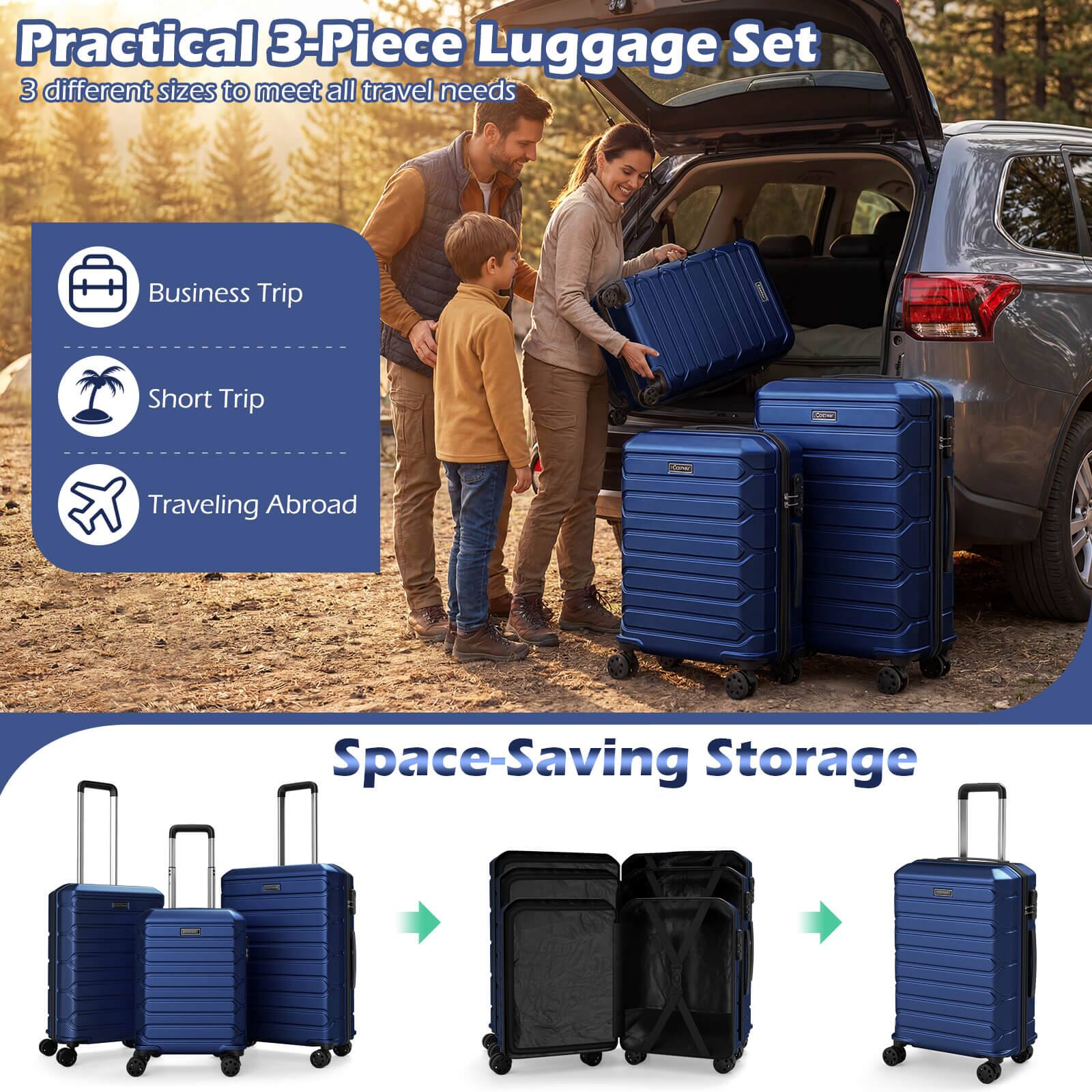 Practical 3-Piece Luggage Set  
3 different sizes to meet all travel needs  

- Business Trip  
- Short Trip  
- Traveling Abroad  

Space-Saving Storage