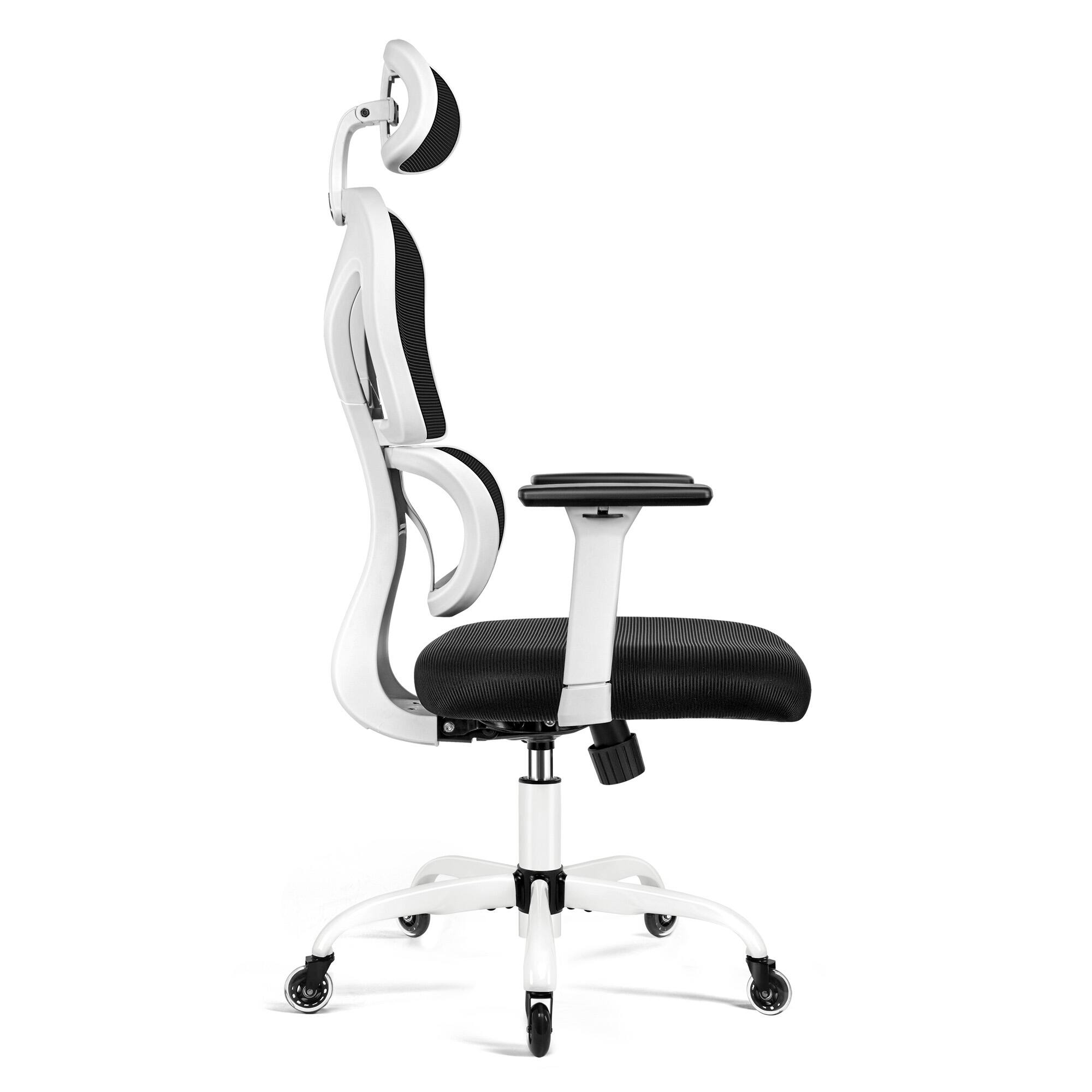 Left. Brick Attic - Ergonomic Office Chair, High Back Mesh Gaming Chair with Adjustable Headrest 3D Armrests Silent Wheels Lumbar Support - White.