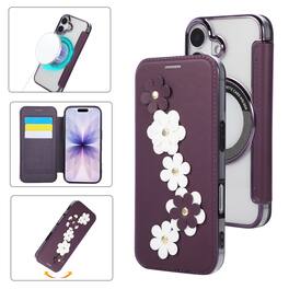 Dteck - Floral Relief Faux Leather Flip Wallet Case for Apple iPhone 17,Mag Safe Electroplated Slim Clear Back Cover - Purple