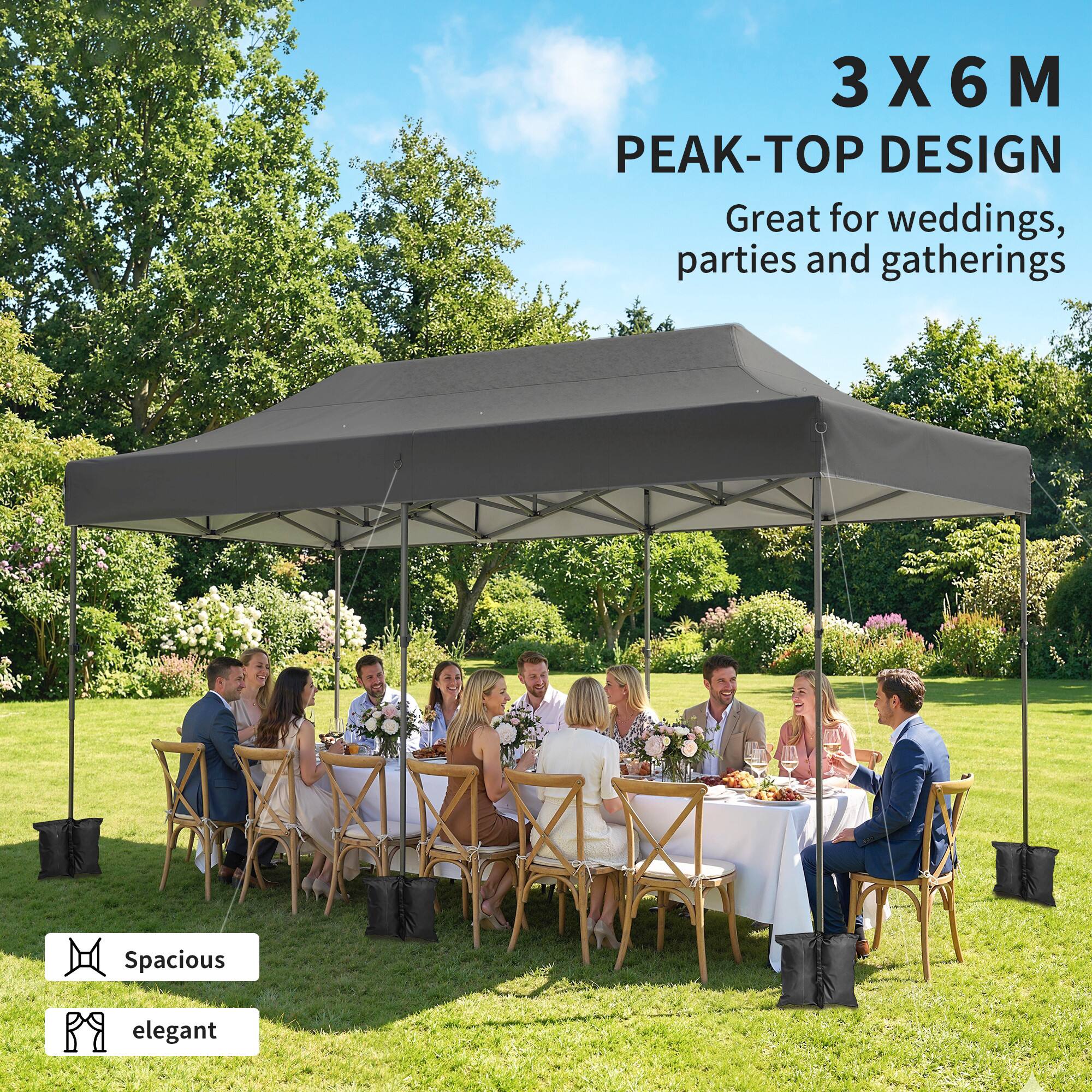 3 X 6 M  
PEAK-TOP DESIGN  
Great for weddings, parties and gatherings  

Spacious  
Elegant