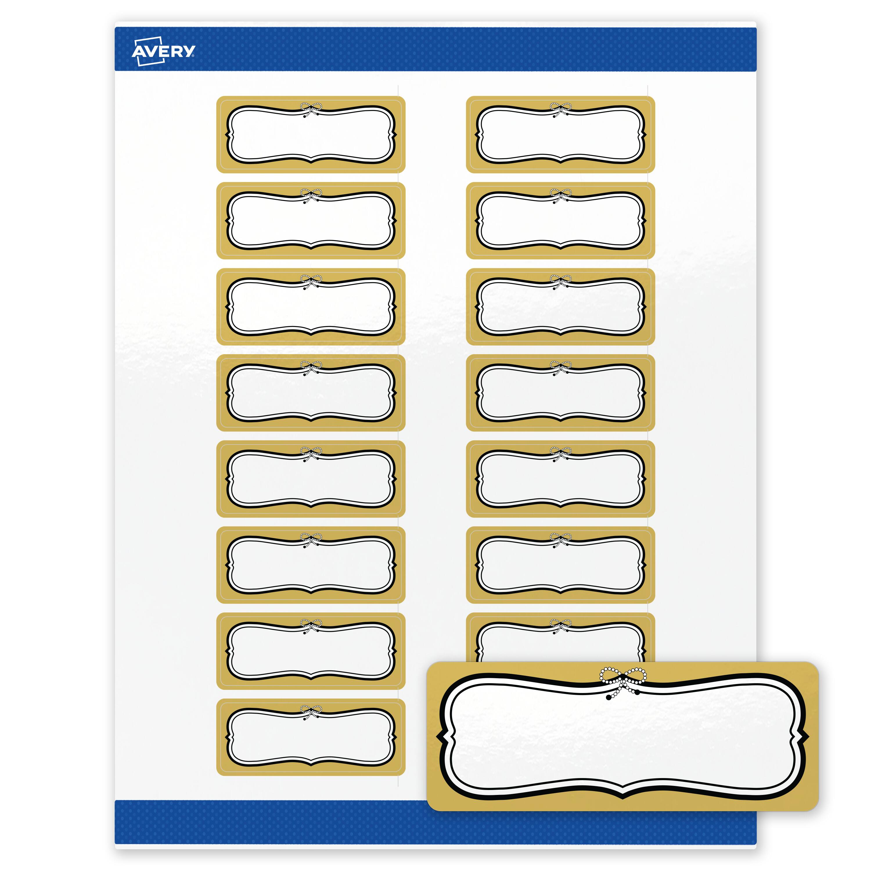 Front. Avery - Avery Labels, 1" x 2-5/8", Glossy White, Metallic Gold/Black Bow - White.