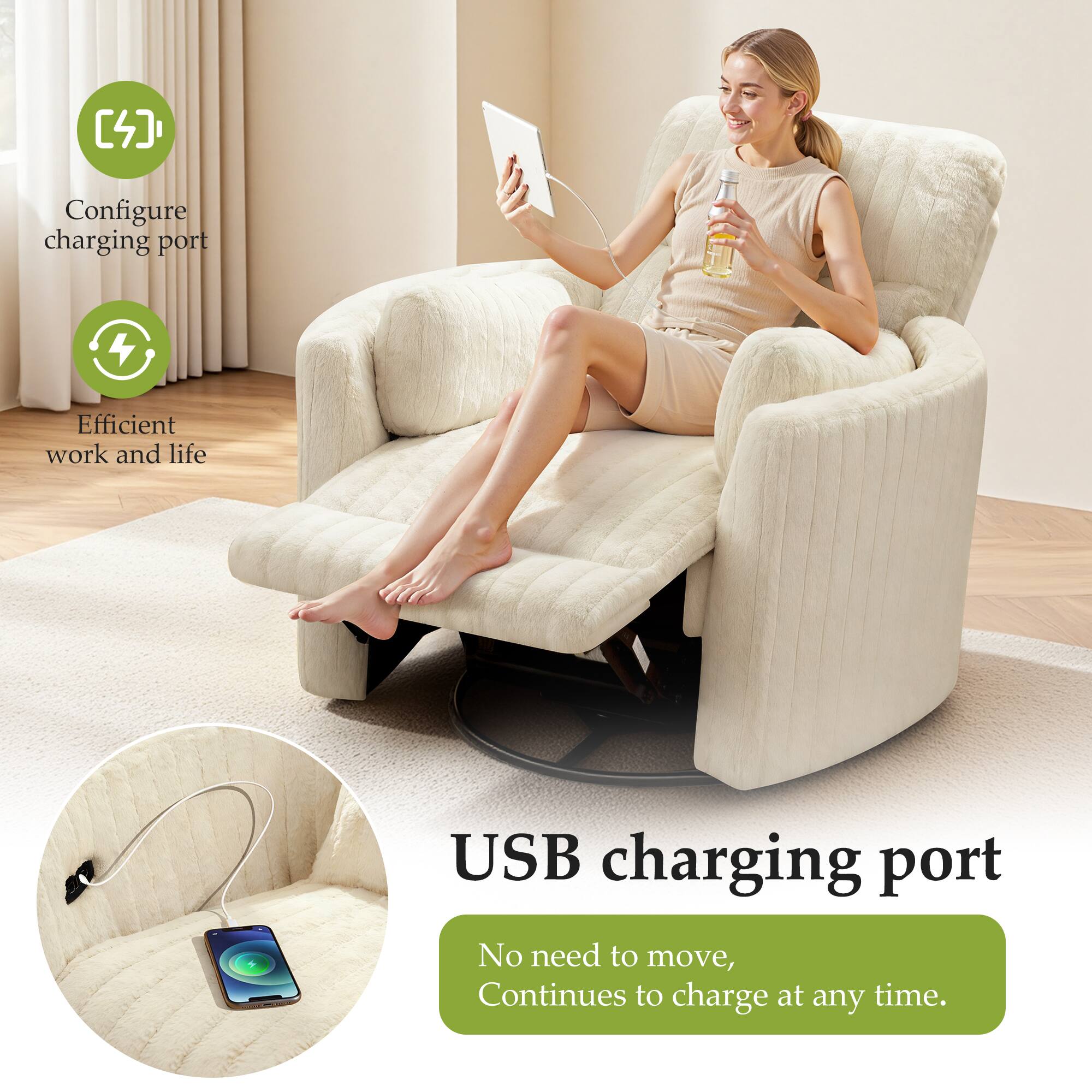 - Configure charging port
- Efficient work and life
- USB charging port
- No need to move, Continues to charge at any time.