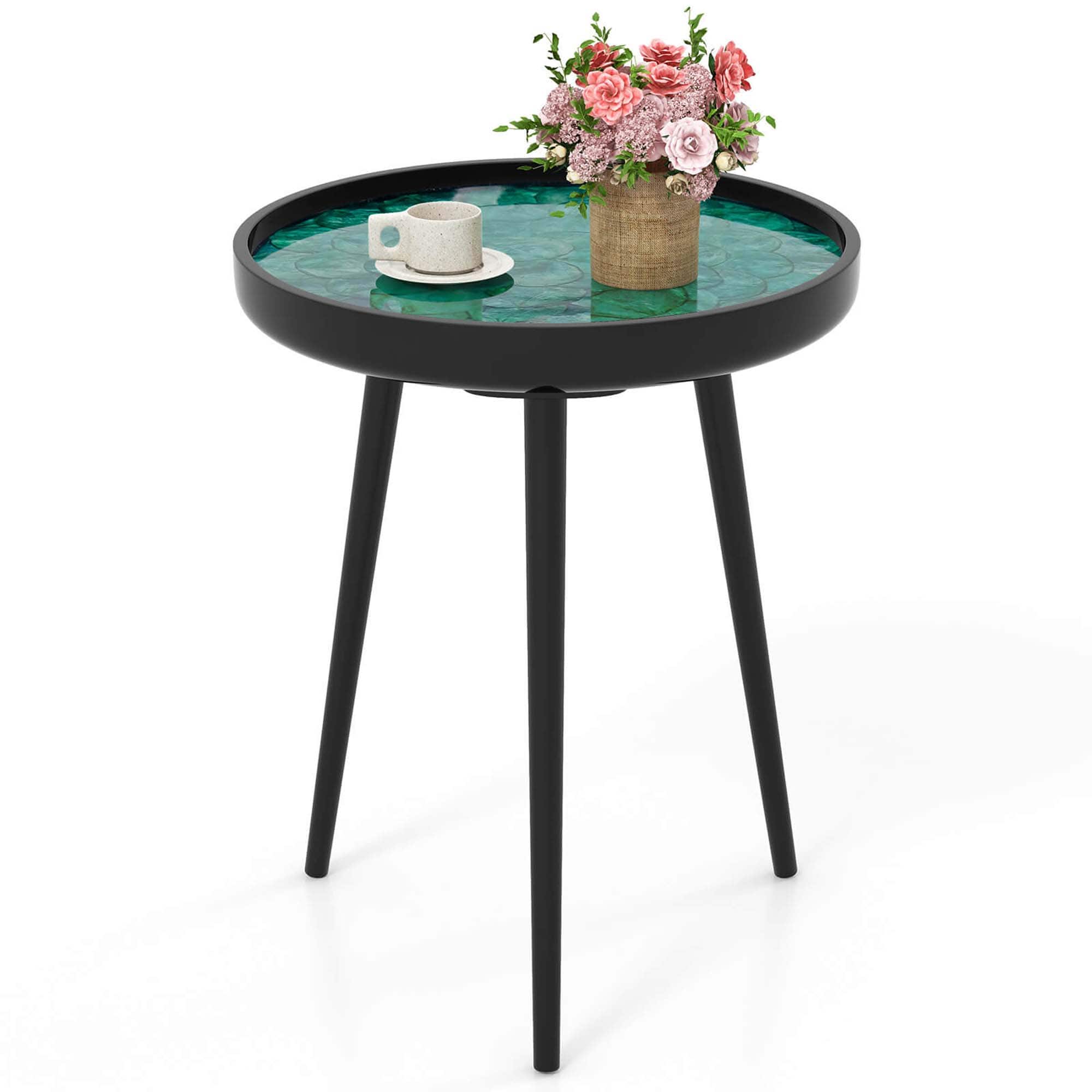 Costway - 16" Round End Table Mid-century Modern Coffee Table with Sea Shell Decoration - Green