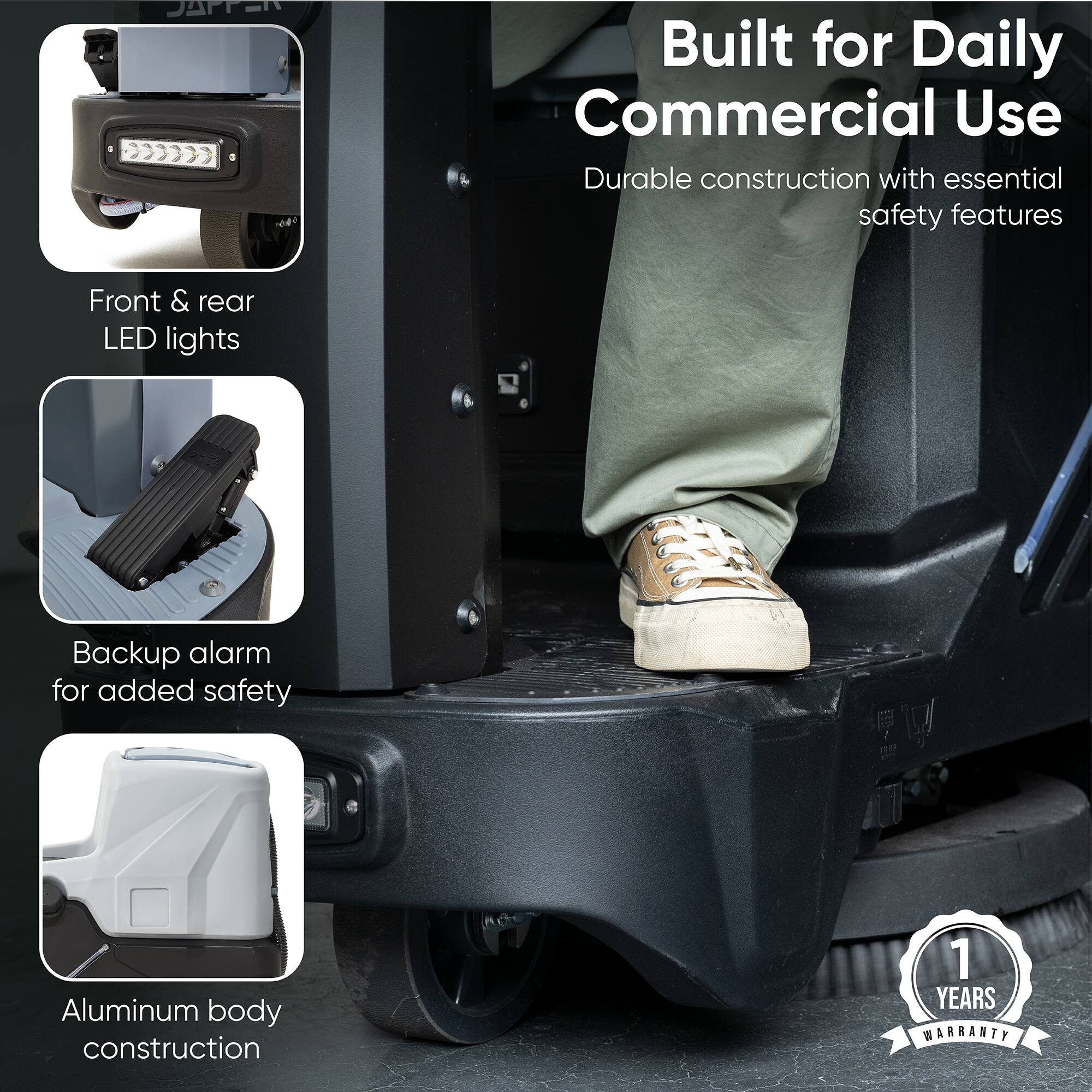 Built for Daily Commercial Use  
Durable construction with essential safety features  
Front & rear LED lights  
Backup alarm for added safety  
Aluminum body construction  
1 YEARS WARRANTY