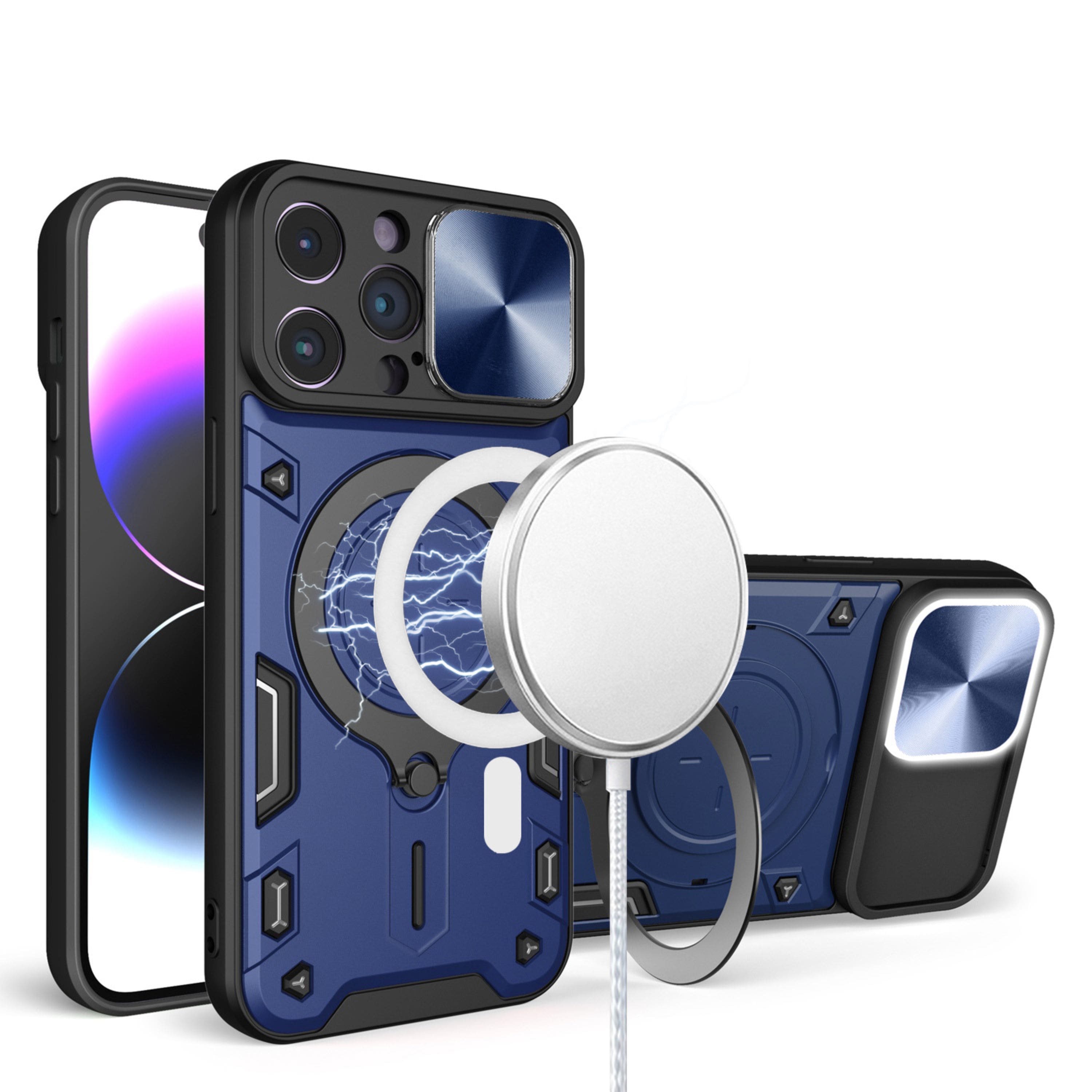 Kitcheniva - Magnetic Circle Case With Metal Stand and Rear Lens Sliding Cover For iPhone 13 Pro Max - Blue price history on PriceWatchPro