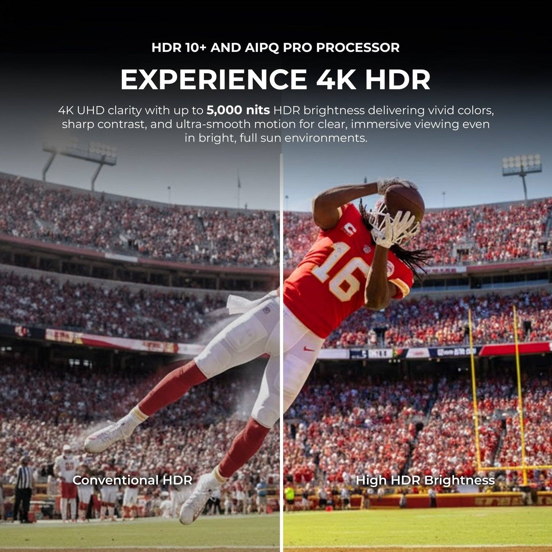 HDR 10+ AND AI PQ PRO PROCESSOR  
EXPERIENCE 4K HDR  

4K UHD clarity with up to 5,000 nits HDR brightness delivering vivid colors, sharp contrast, and ultra-smooth motion for clear, immersive viewing even in bright, full sun environments.  

Conventional HDR  
High HDR Brightness