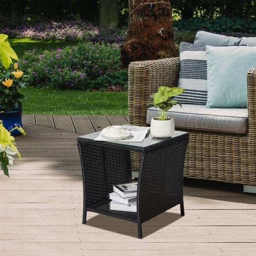 Alt View 9. Winado - 18in Wicker Side Table with Tempered Glass Top, Storage Rattan End Table for Indoor Outdoor Garden Balcony Porch Deck - Black.