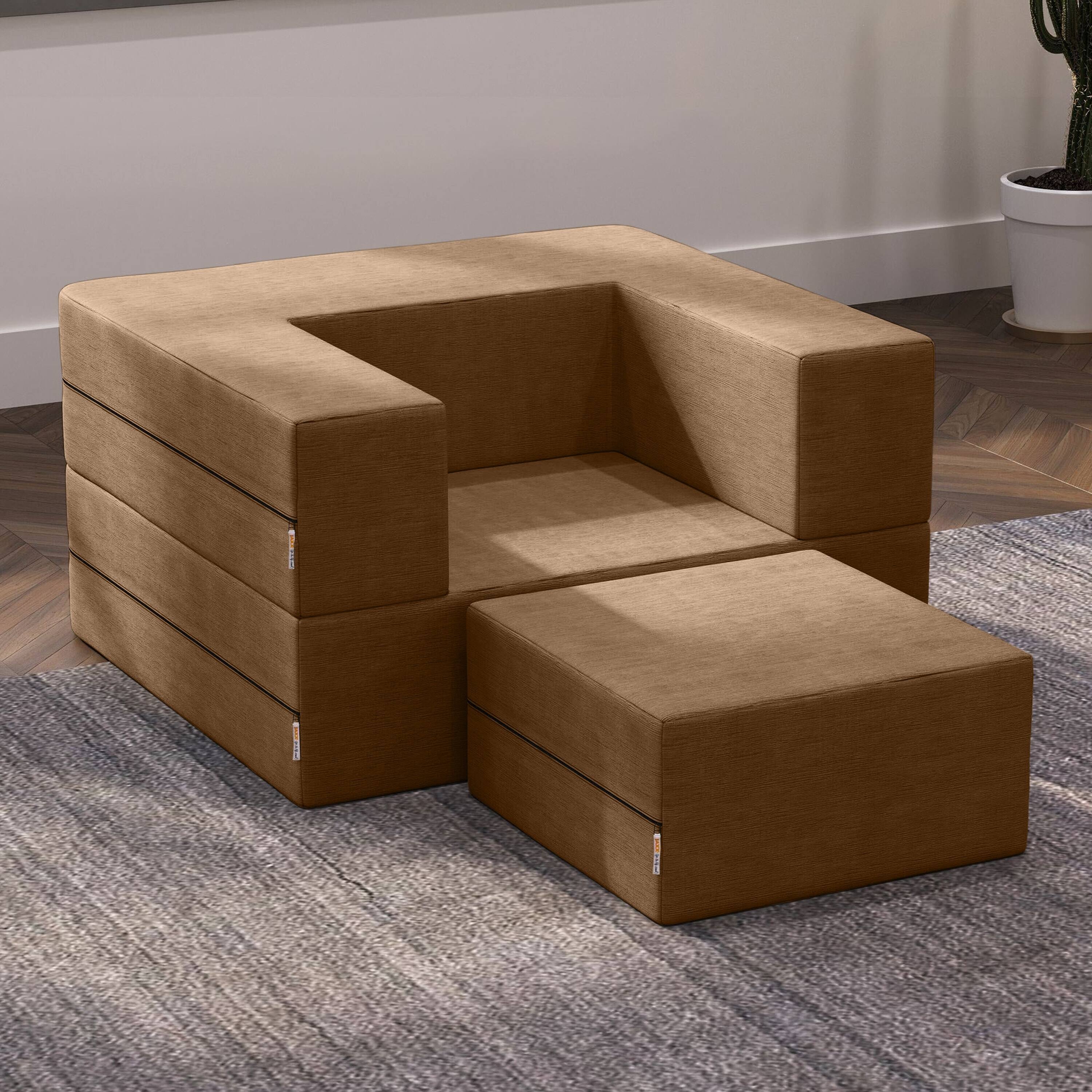 Left. Jaxx - Jaxx Zipline Convertible Sleeper Futon Chair & Ottoman with Machine-Washable Cover, Toffee - Toffee.