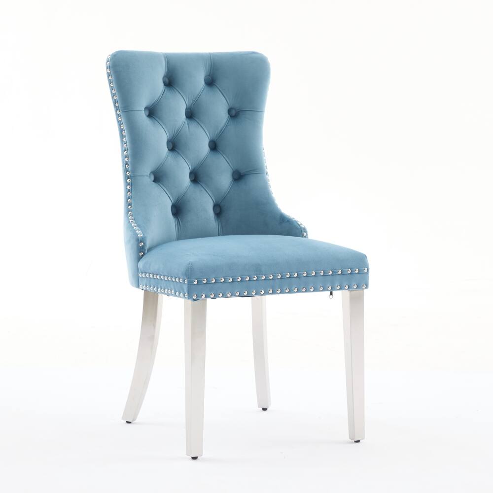 Left. Loheer - Loheer Velvet Dining Chairs Light Blue Tufted Upholstered Modern Seating with Chrome Legs Nailhead Trim Set of 2 - Light Blue.