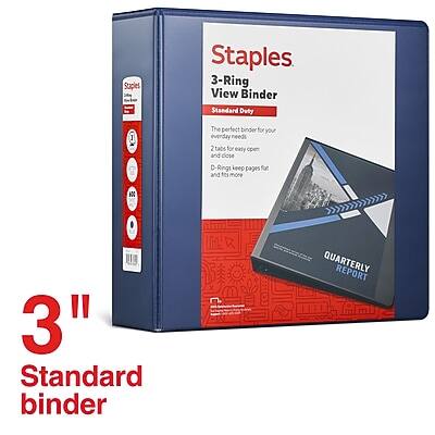 Staples  
3-Ring View Binder  
Standard Duty  

The perfect binder for your everyday needs  
2 tabs for easy open and close  
D-Rings keep pages flat and in place  
3" Standard binder  

QUARTERLY REPORT  

3" Standard binder