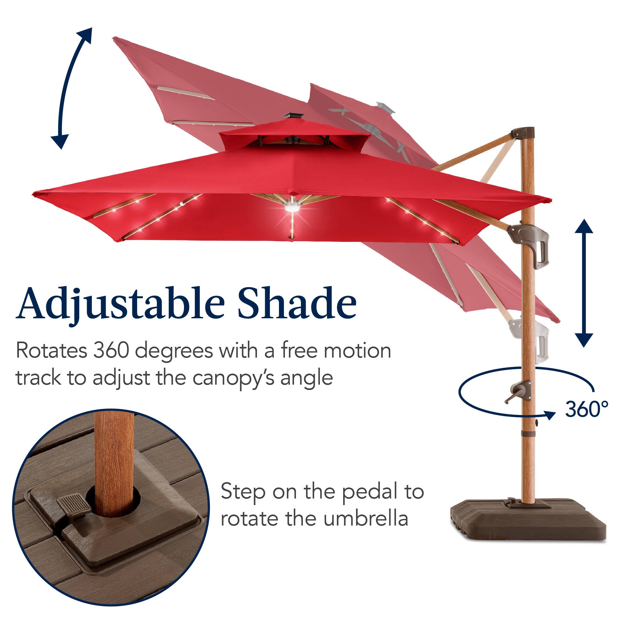Adjustable Shade Rotates 360 degrees with a free motion track to adjust the canopy's angle. Step on the pedal to rotate the umbrella.