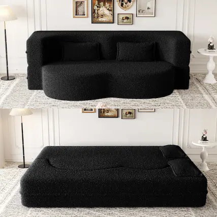 Front. Trinkets Crazed - Convertible Sleeper Sofa Bed,15" Thick Full Size Folding Floor Couch, Teddy Fabric Foam-Filled Futon Loveseat Couch - Black.