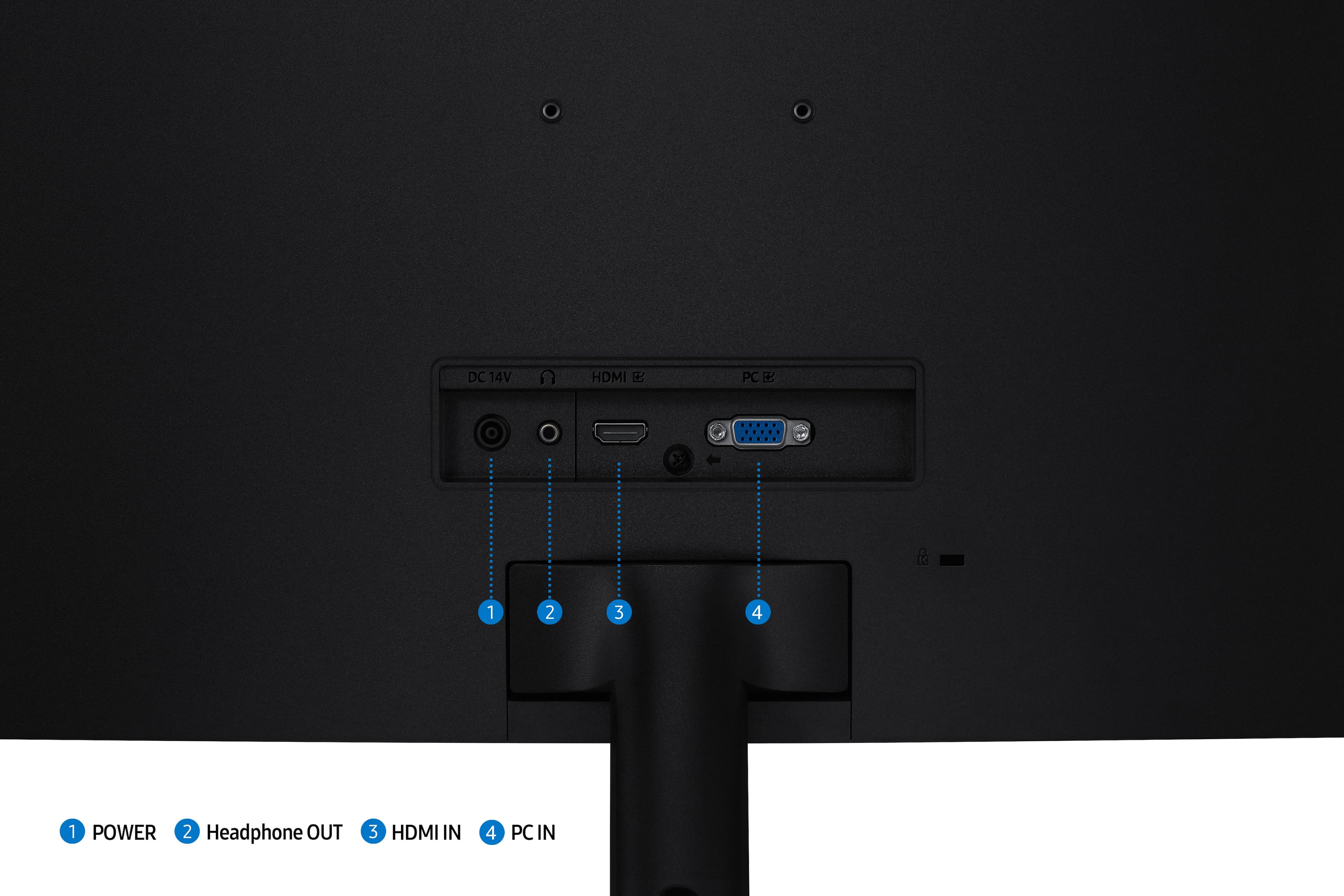 The text on the image reads:
1. Power
2. Headphone Out
3. HDMI In
4. PC In
So, the correct grouping and order of the text are:
1. Power
2. Headphone Out
3. PC In
4. HDMI In