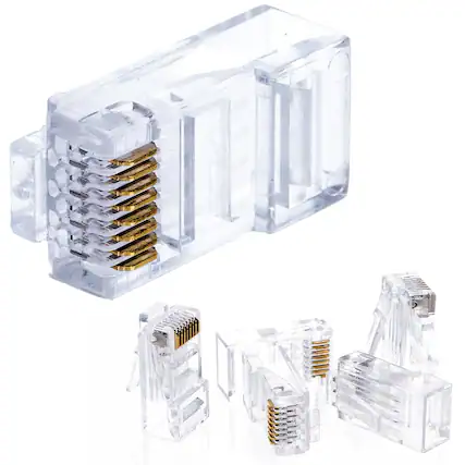 Front. ACJPR - Cat5e RJ45 Connectors 100-Pack, Gold-Plated, for Solid or Stranded Cable.