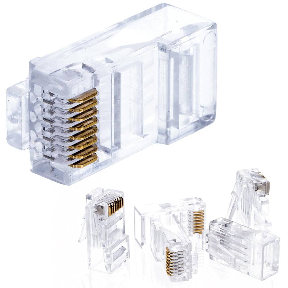 Front. ACJPR - Cat5e RJ45 Connectors 100-Pack, Gold-Plated, for Solid or Stranded Cable.