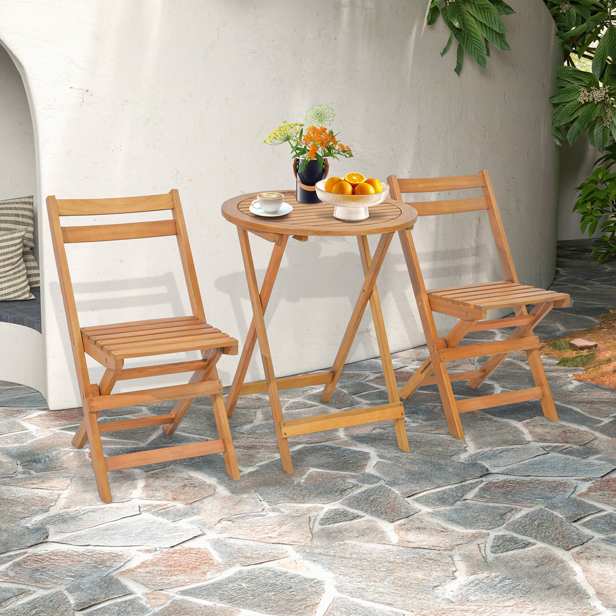 Alt View 2. Costway - Costway 3 PCS Folding Patio Bistro Set Solid Acacia Wood Table & Chairs Slatted Tabletop - Natural.