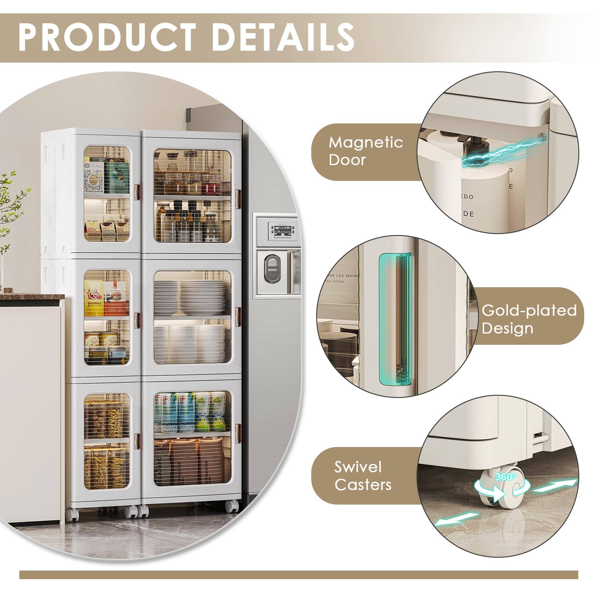 PRODUCT DETAILS

- Magnetic Door
- Gold-plated Design
- Swivel Casters 360°