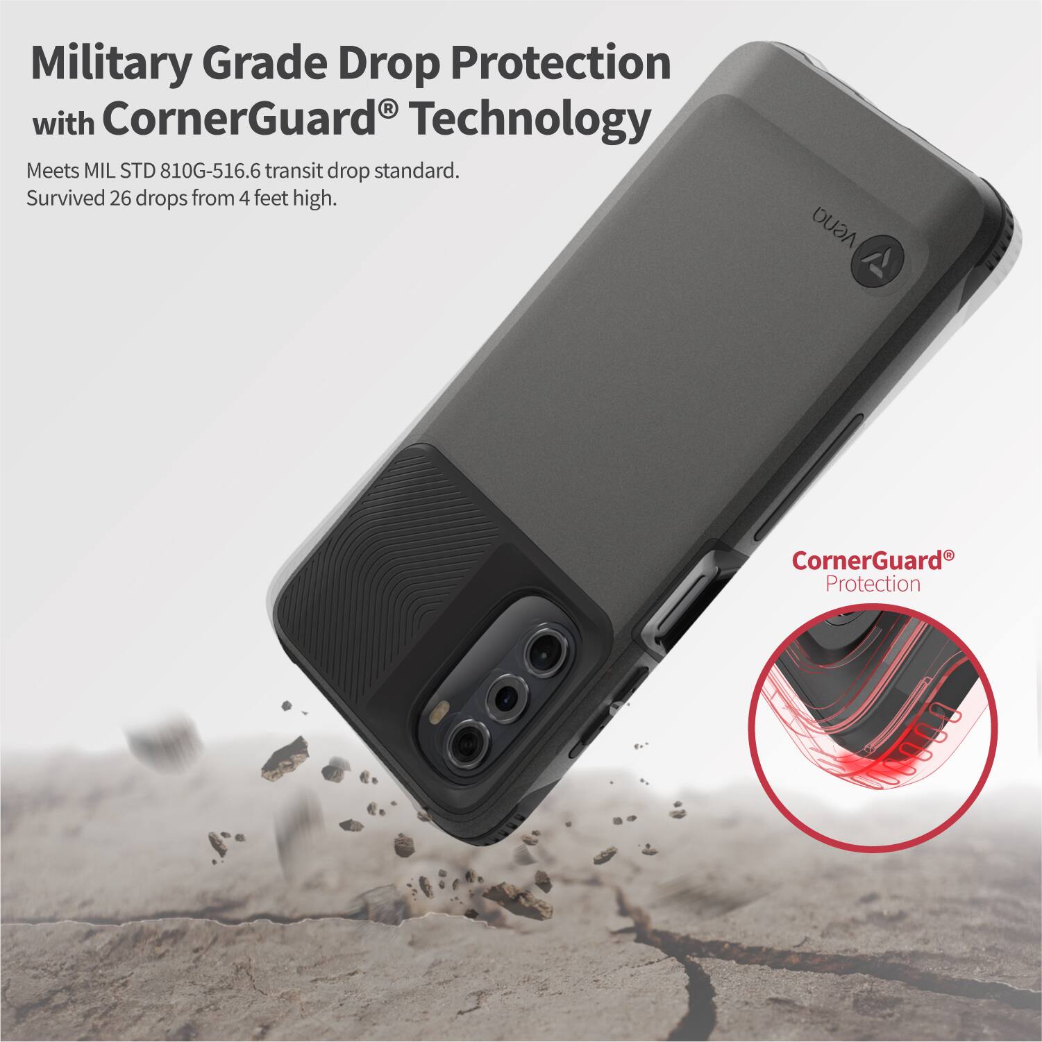 Military Grade Drop Protection with CornerGuard Technology. Meets MIL STD 810G-516.6 transit drop standard. Survived 26 drops from 4 feet high. CornerGuard Protection.