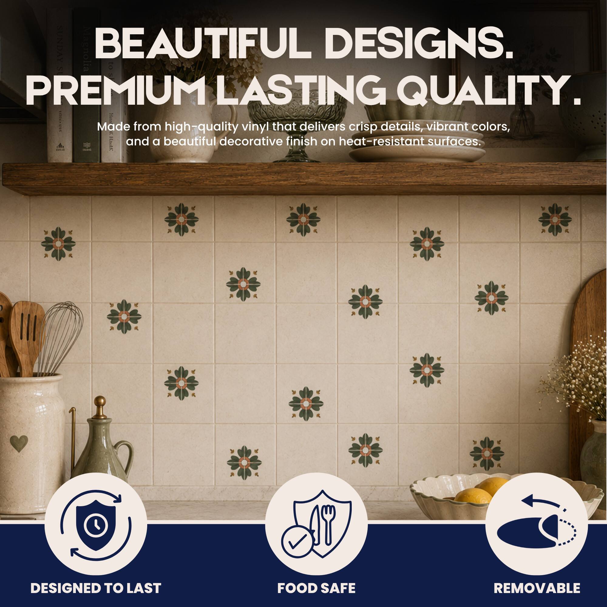 SUNDAY Magnolia BEAUTIFUL DESIGNS. PREMIUM LASTING QUALITY. Made from high-quality vinyl that delivers crisp details, vibrant colors, and a beautiful decorative finish on heat-resistant surfaces. DESIGNED TO LAST FOOD SAFE REMOVABLE