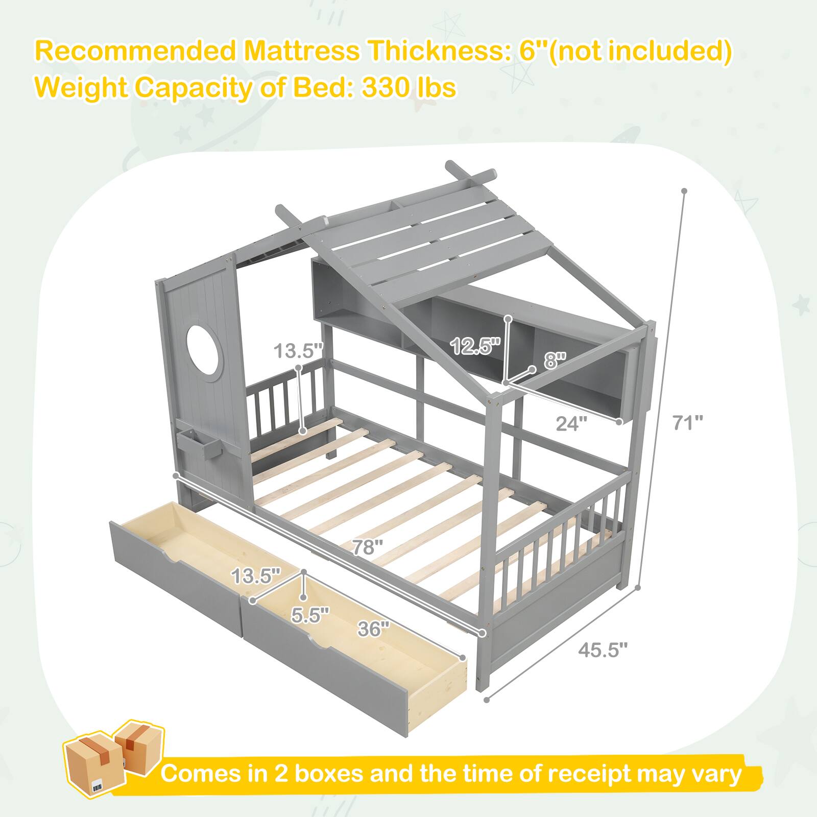 Recommended Mattress Thickness: 6" (not included)  
Weight Capacity of Bed: 330 lbs  

13.5"  
12.5"  
8"  
24"  
71"  
13.5"  
78"  
5.5"  
36"  
45.5"  

Comes in 2 boxes and the time of receipt may vary