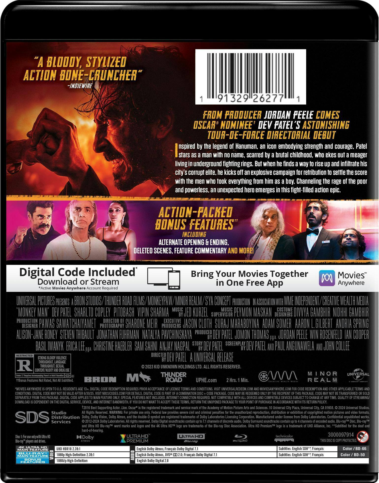 Back. Monkey Man - Collector's Edition 4K Ultra HD + Blu-ray + Digital (4K Ultra HD + Blu-ray) [UHD].