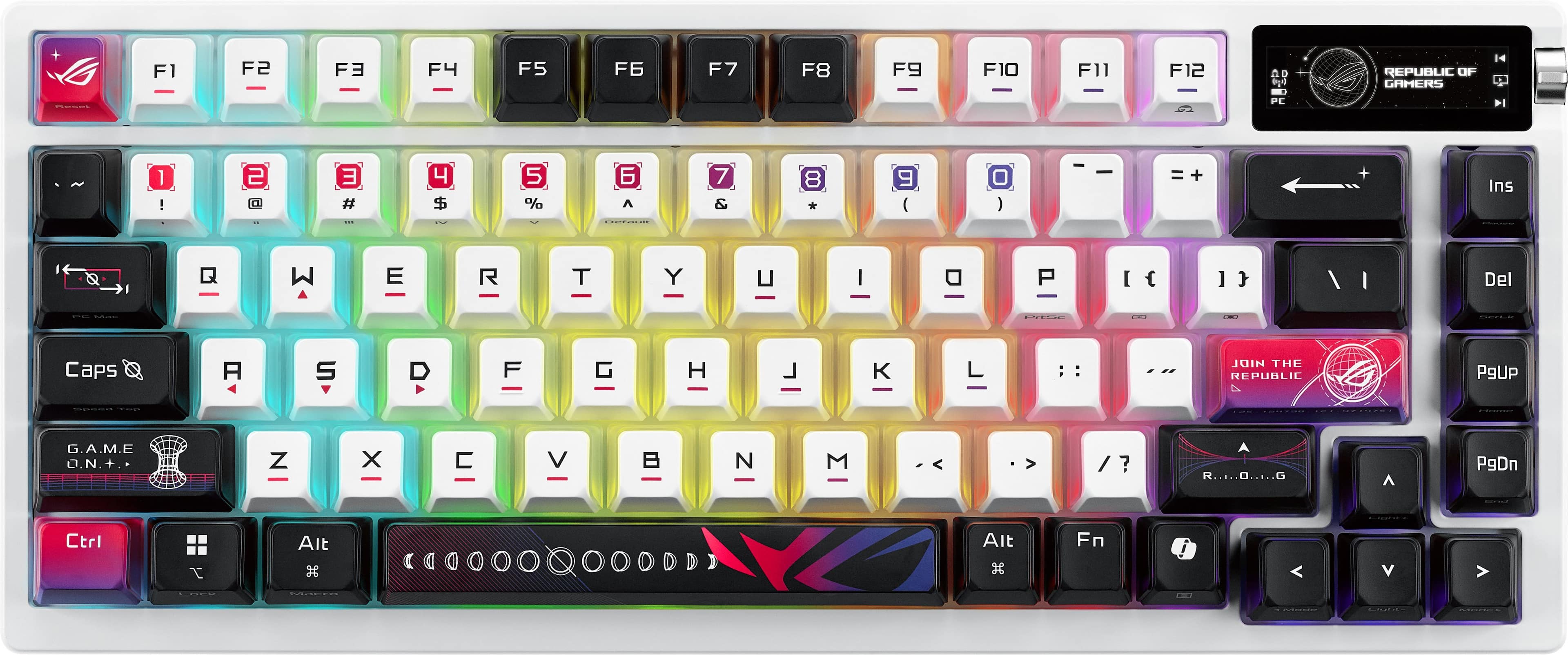 The text on the image is a description of a keyboard with various keys labeled. The keys include F1, F2, F3, F4, F5, F6, F7, F8, F9, F10, F11, F12, 00, 00, REPUBLIC OF GAHERS, 14 PC 14 1, CL, #, $%, 5%, 7&8, 9, -, =, +, Ins, Q, W, E, R, T, Y, U, I, O, P, {, }. The keyboard also has a G.A.M.E. O.N.+.. key and a Z, X, V, N, M, >, R, A, D, ^, PgUp, PgDn, Ctrl, x, Alt, and Fn < V key.