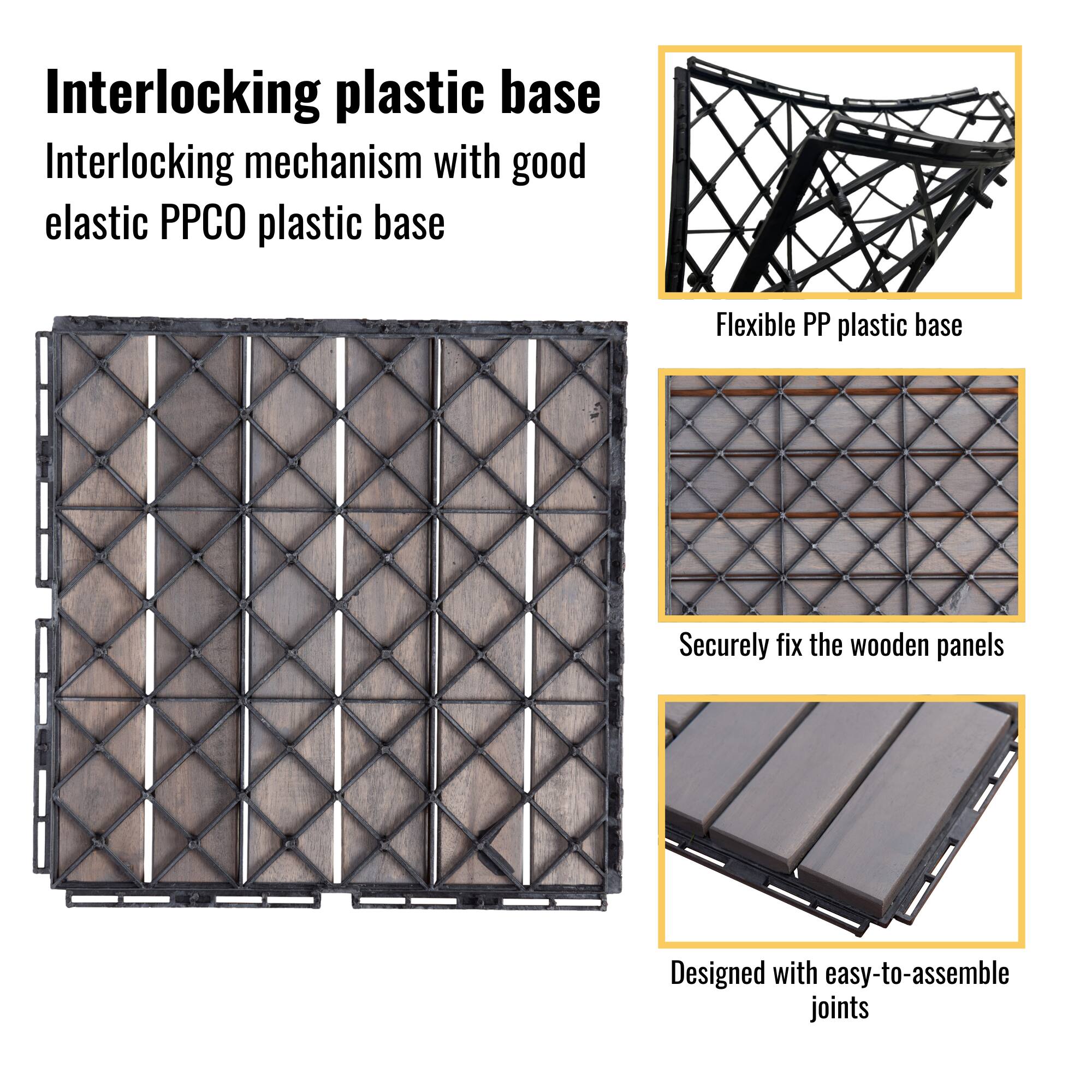 Interlocking plastic base  
Interlocking mechanism with good elastic PPCO plastic base  

Flexible PP plastic base  
Securely fix the wooden panels  
Designed with easy-to-assemble joints