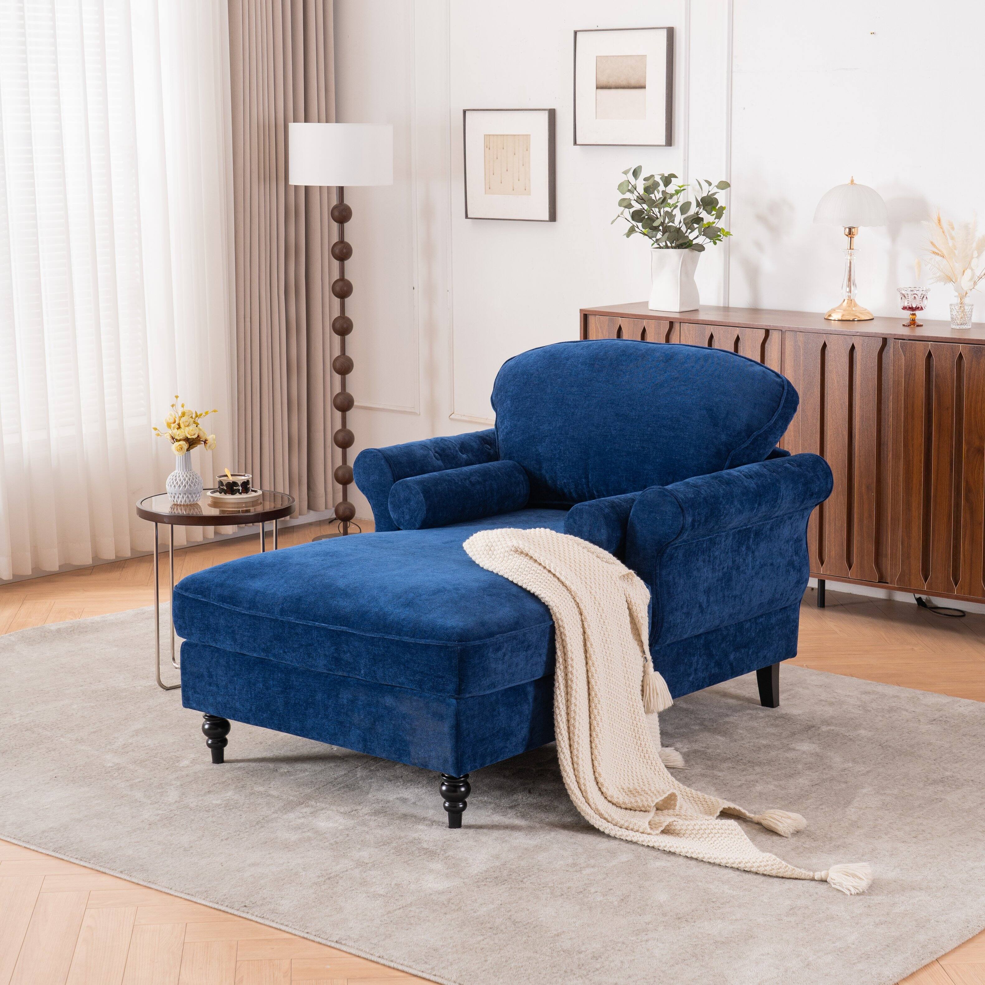 Alt View 1. Trinkets Crazed - Oversized Chaise Lounge Indoor,Chenille Single Sofa Bed with Wide Seat Upholstered Reclining Sleeper Armchair - blue.