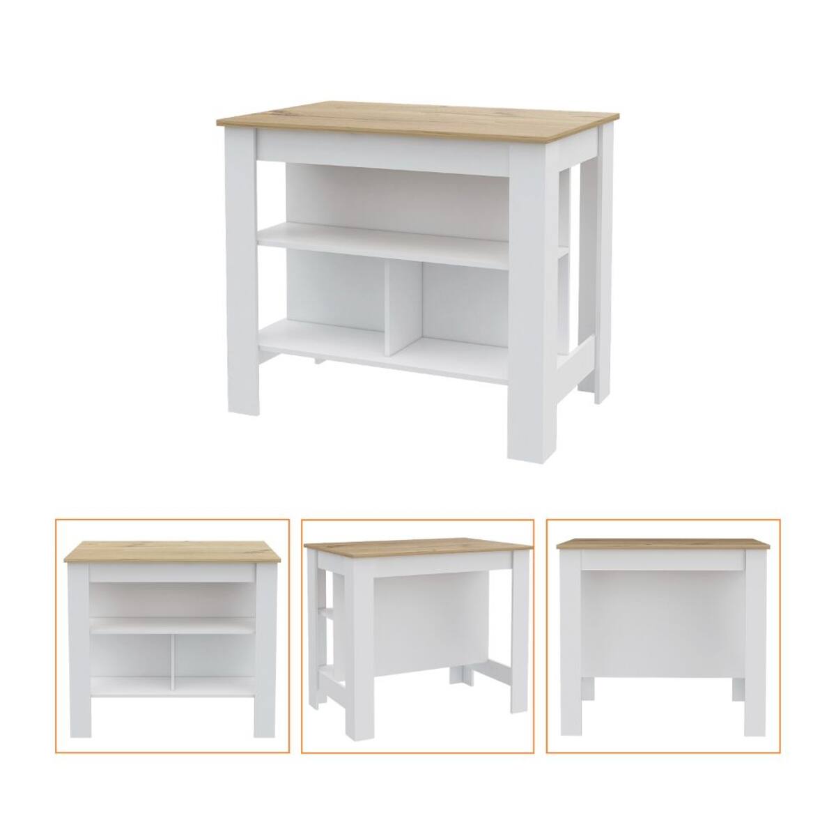 Back. Loheer - Loheer White and Light Oak Kitchen Island with Storage Shelves - White.