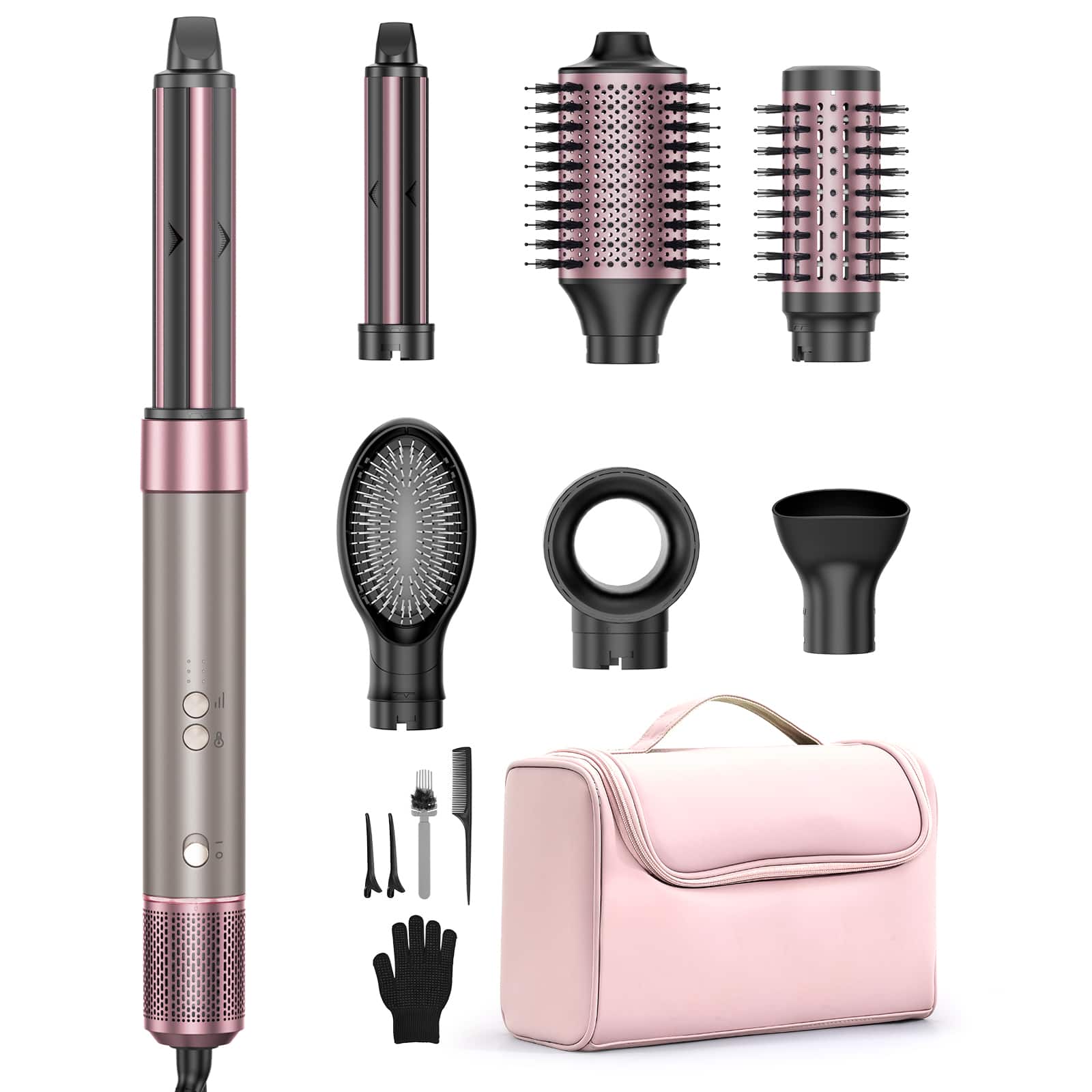 Front. Teendow - 7 in 1 Hair Dryer Brush with Travel Bag for Fast Drying/Straightening/Curling, Mutil-Use Blow Dryer Brush, Hair Styler - Pink.